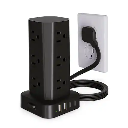 Front. Dazzed Corner - Power Strip Tower, 6FT Cord, 12 Outlets & 4 USB (2 USB-C), Surge Protection - Black.
