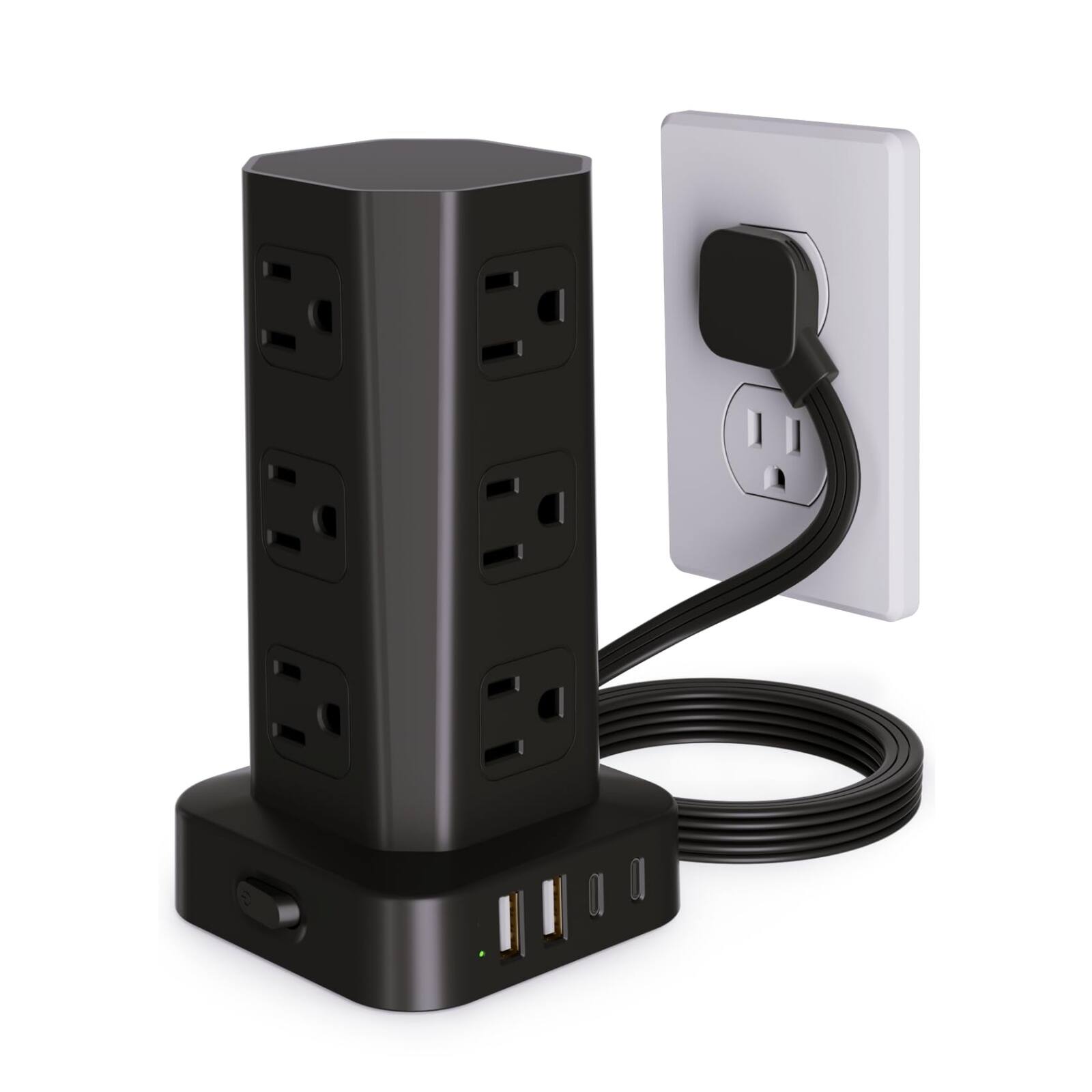 Front. Dazzed Corner - Power Strip Tower, 6FT Cord, 12 Outlets & 4 USB (2 USB-C), Surge Protection - Black.