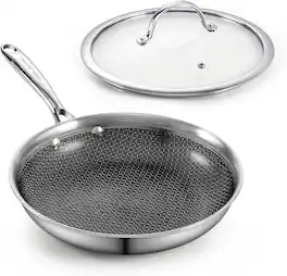 Cooks Standard - 10.5 Inch Multi-Ply Clad Stainless Steel Hybrid Nonstick Frying Pan Skillet with Tempered Glass Lid - Black