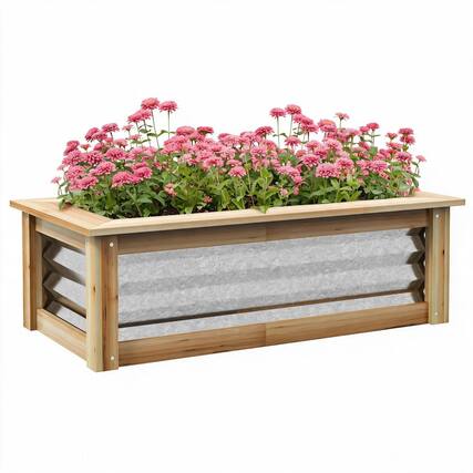 Front. RYHNUYNE - Outsunny Raised Garden Bed Kit Galvanized Metal Planter Box with Wood Frame, 22 Gallon Outdoor Stock Tank - Multicolor.