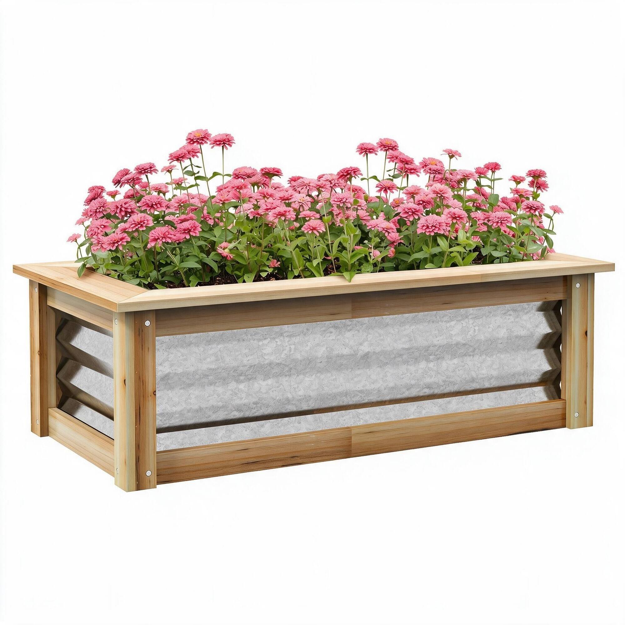 Front. RYHNUYNE - Outsunny Raised Garden Bed Kit Galvanized Metal Planter Box with Wood Frame, 22 Gallon Outdoor Stock Tank - Multicolor.