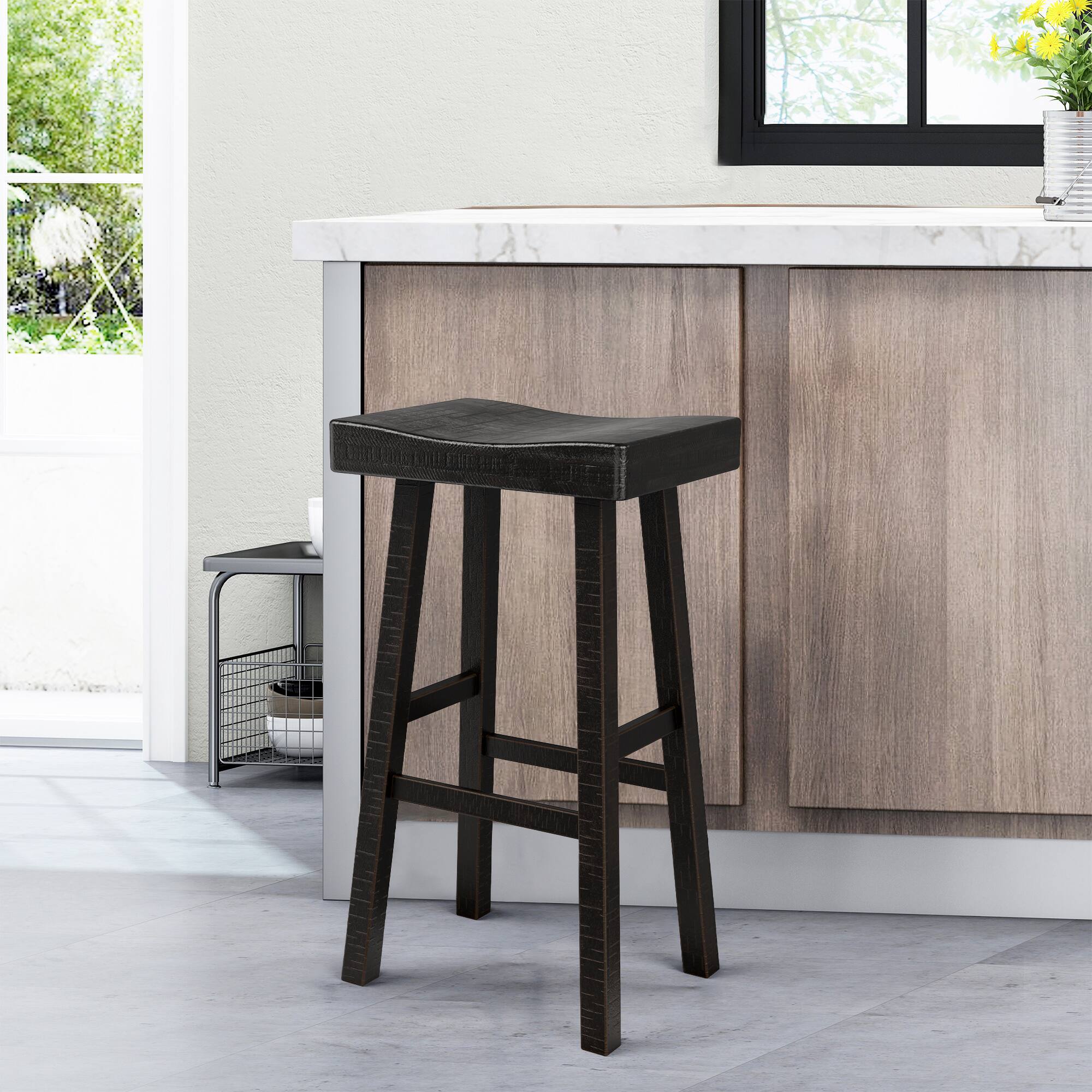 Back. Vaczon - 29" Solid Wood Bar Stools, Set of 2, Finish with Comfortable Contour Seats for Kitchen or Bar - Black.