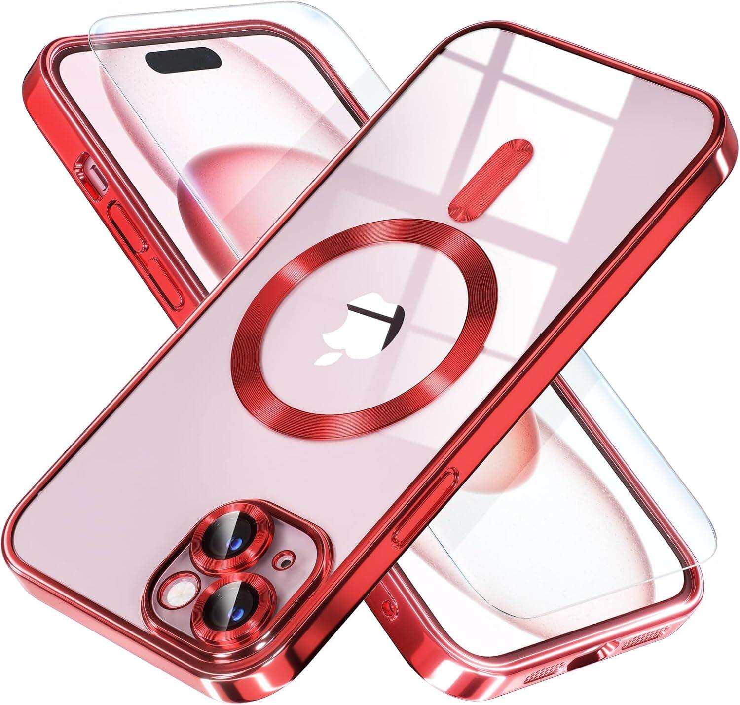 Entronix - Premium Bundle for iPhone 15 - Magnetic Luxury Glossy Case & Clear Screen Protector - Red