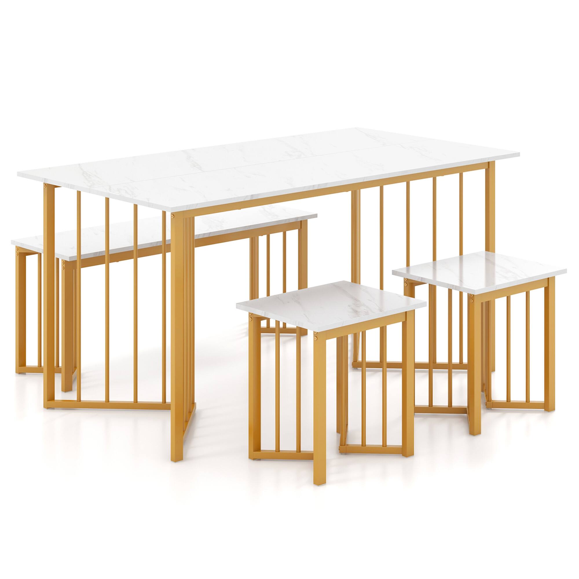 Alt View 9. Gymax - Gymax 4PCS Dining Table Set Kitchen Table w/ Bench & 2 Stools Wing-shaped Metal Legs - White, Gold.