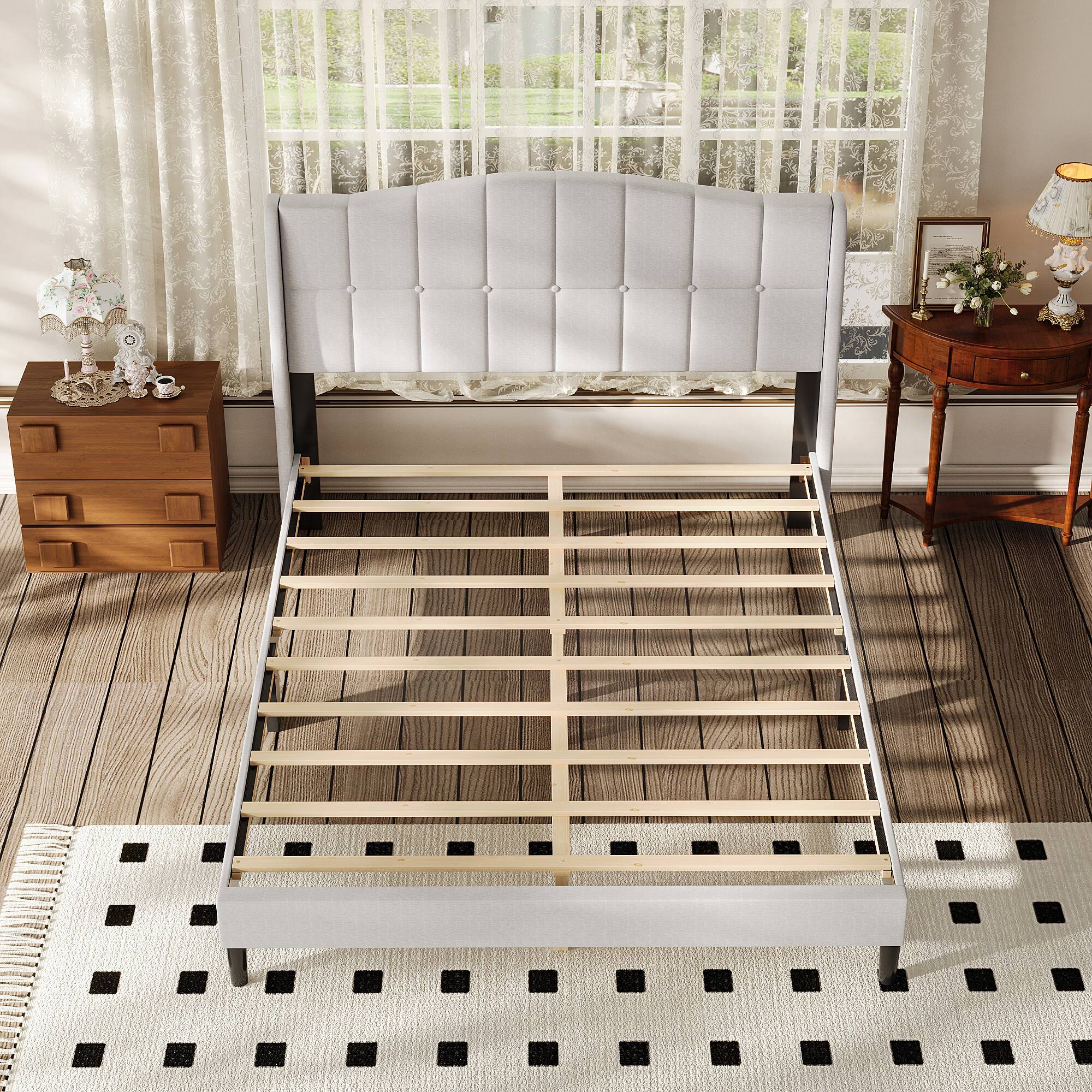 Alt View 2. Famapy - Famapy Upholstered Bed Frame: Tufted Headboard, Reinforced Slats & Quiet Stability - Gray.