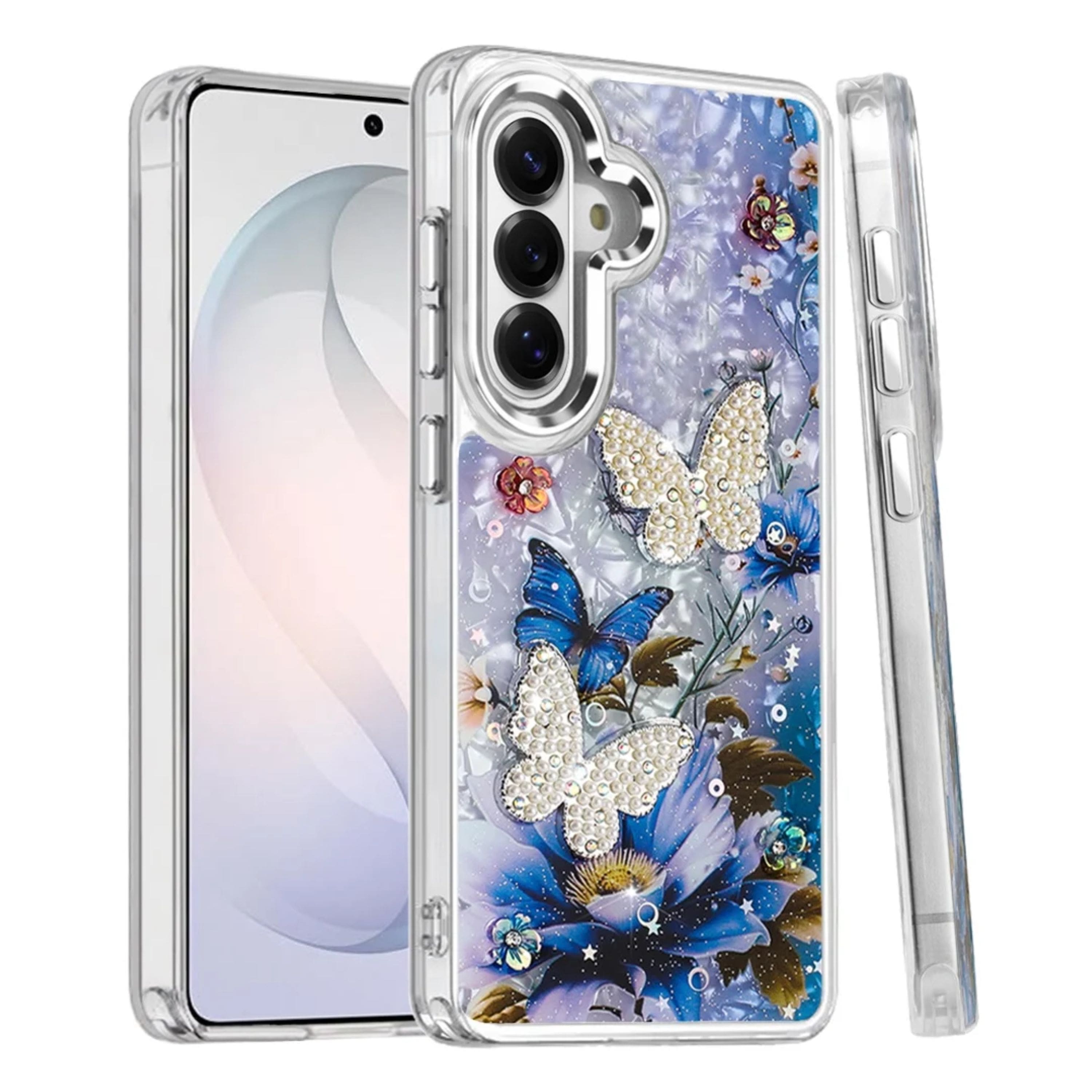 Kitcheniva - Epoxy Glitter 3D Beaded Butterflies Design Phone Case With Tempered Glass For Samsung Galaxy S26 Color A - Multicolor