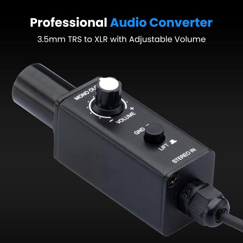 Professional Audio Converter  
3.5mm TRS to XLR with Adjustable Volume  

- MONO OUT  
- VOLUME  
- GND  
- LIFT  
- STEREO IN