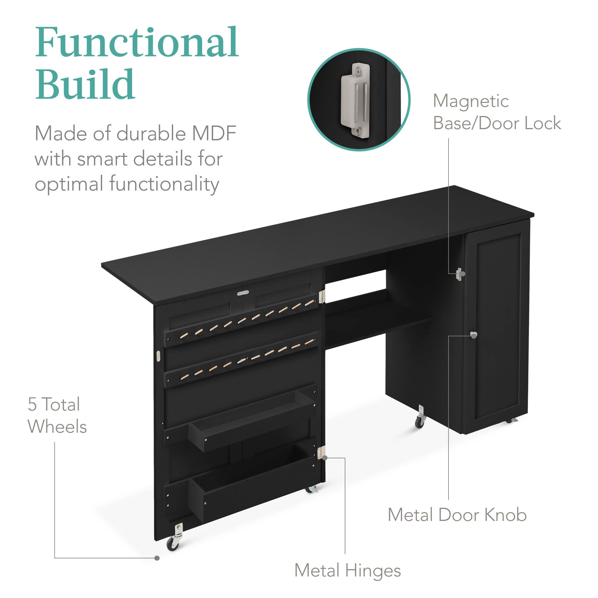 Functional Build

Made of durable MDF with smart details for optimal functionality

- Magnetic Base/Door Lock
- 5 Total Wheels
- Metal Door Knob
- Metal Hinges