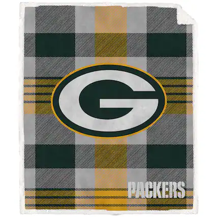 Front. Pegasus - Green Bay Packers 60" x 70" Plaid Steel Royal Plush Sherpa Blanket - Multicolor.