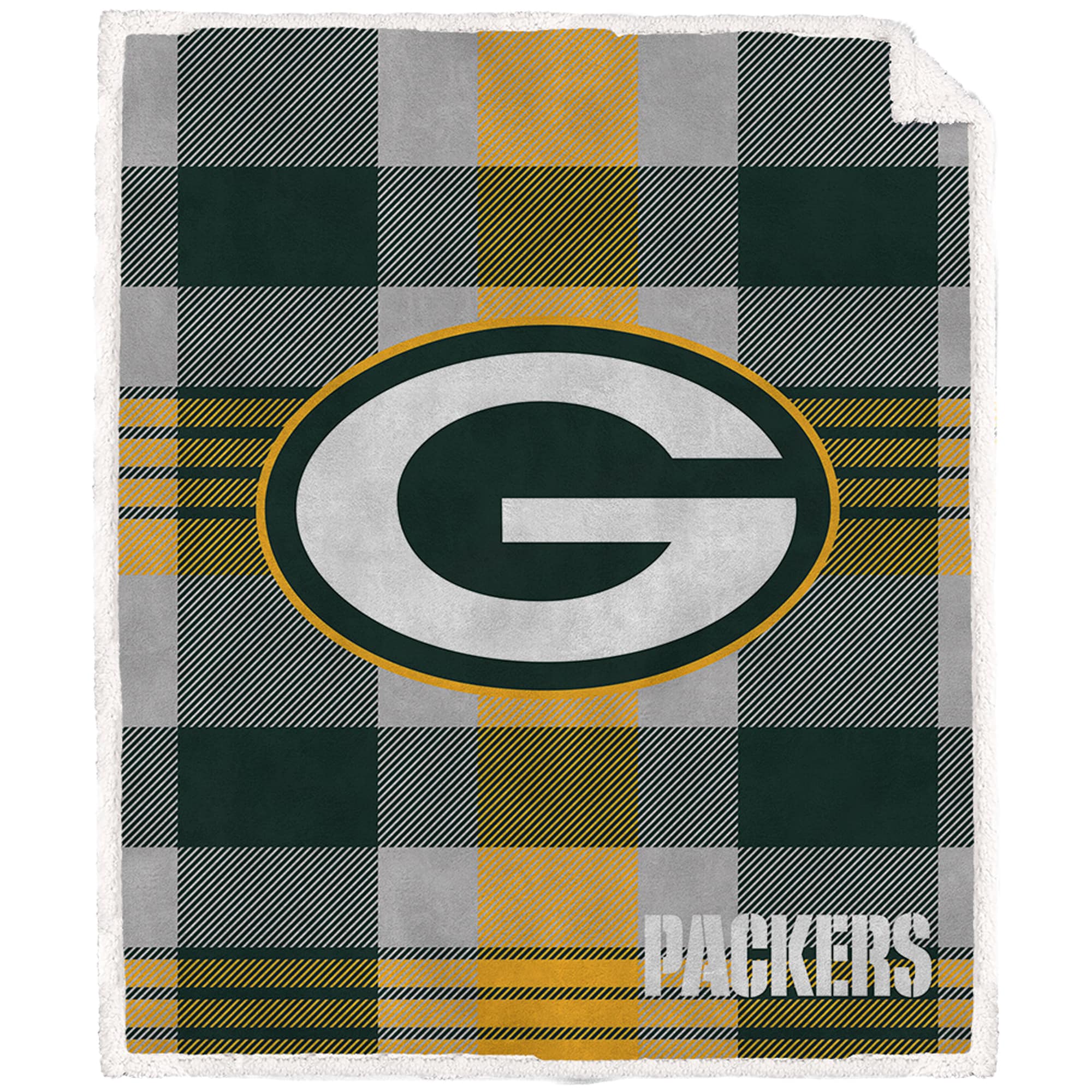 Front. Pegasus - Green Bay Packers 60" x 70" Plaid Steel Royal Plush Sherpa Blanket - Multicolor.