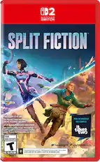 "Split Fiction is a two-player co-op game for the Nintendo Switch. It is rated T for Teen and has age restrictions. The game is from the makers of online features, and more information can be found on the back of the box. The full game is available for download, but a game card is not included. Hazelight and EA Originals are the creators of this game."