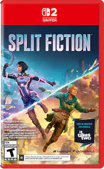 "Split Fiction is a two-player co-op game for the Nintendo Switch. It is rated T for Teen and has age restrictions. The game is from the makers of online features, and more information can be found on the back of the box. The full game is available for download, but a game card is not included. Hazelight and EA Originals are the creators of this game."