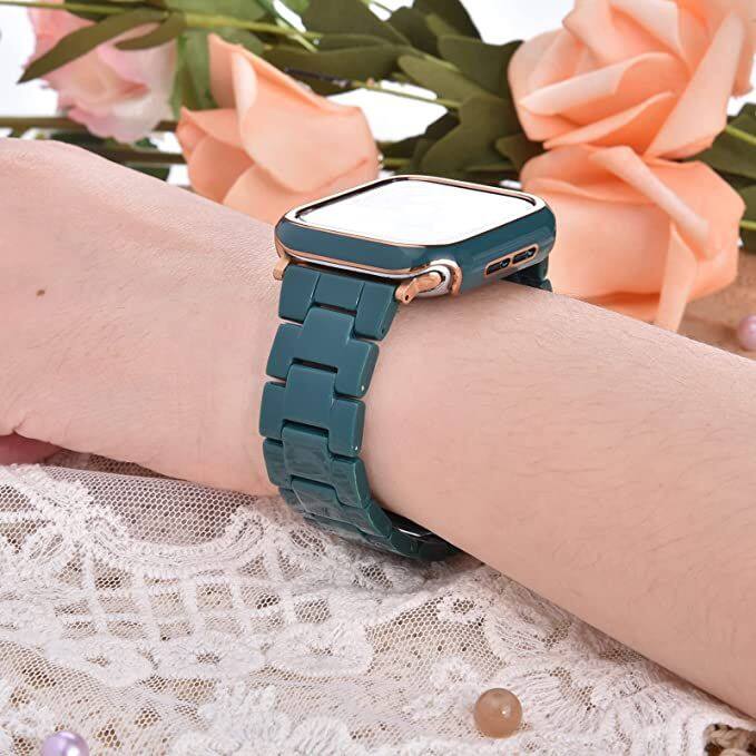 Left. Worryfree Gadgets - Worryfree Gadgets Resin Band with Protective Bumper Case for Apple Watch 40mm 44mm - 44mm - Green - Green.