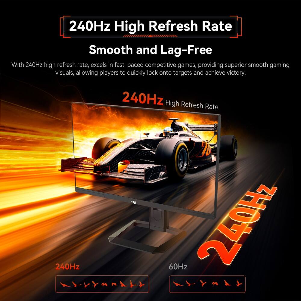 240Hz High Refresh Rate  
Smooth and Lag-Free  

With 240Hz high refresh rate, excels in fast-paced competitive games, providing superior smooth gaming visuals, allowing players to quickly lock onto targets and achieve victory.  

240Hz High Refresh Rate