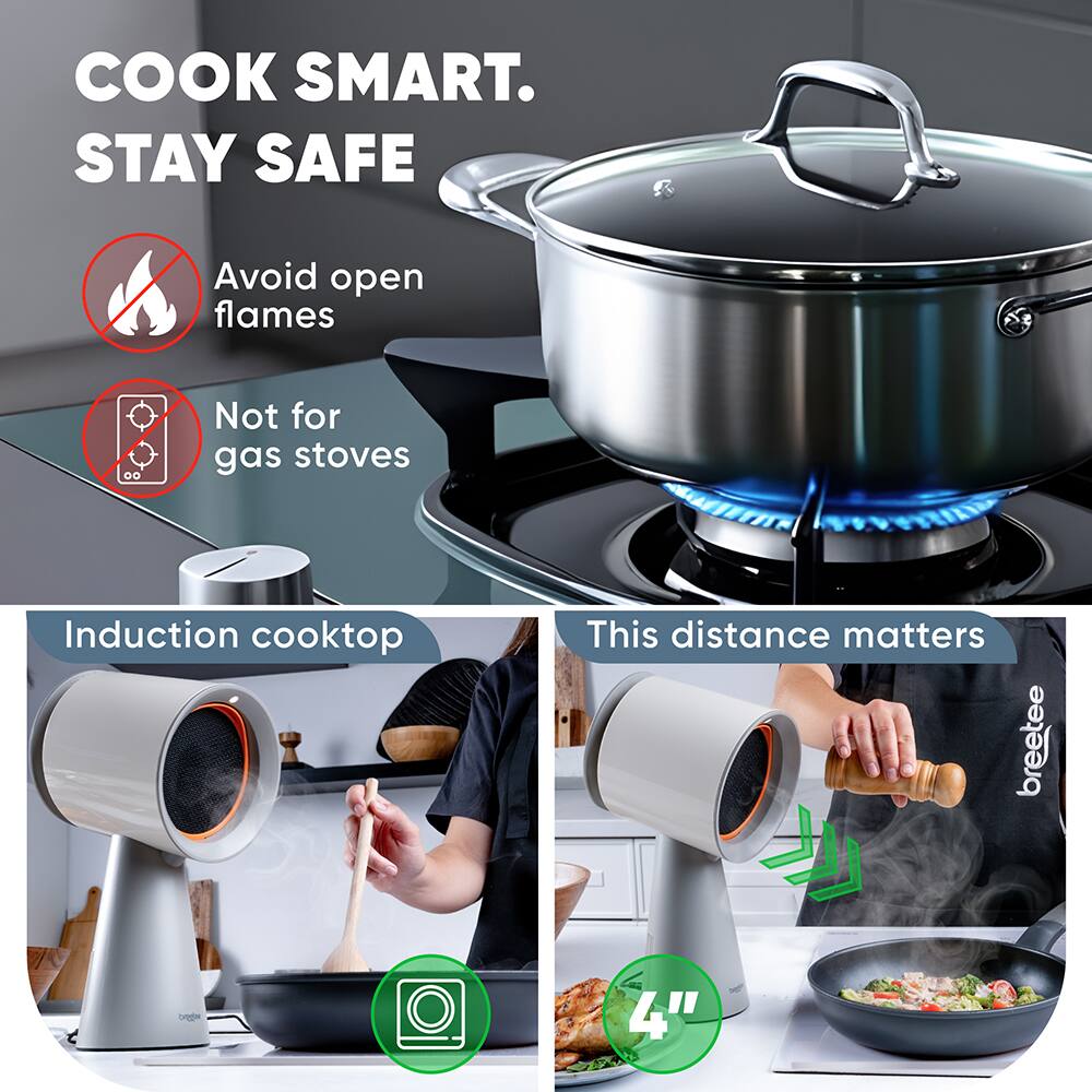 COOK SMART. STAY SAFE  
Avoid open flames  
Not for gas stoves  
Induction cooktop  
This distance matters  
4"