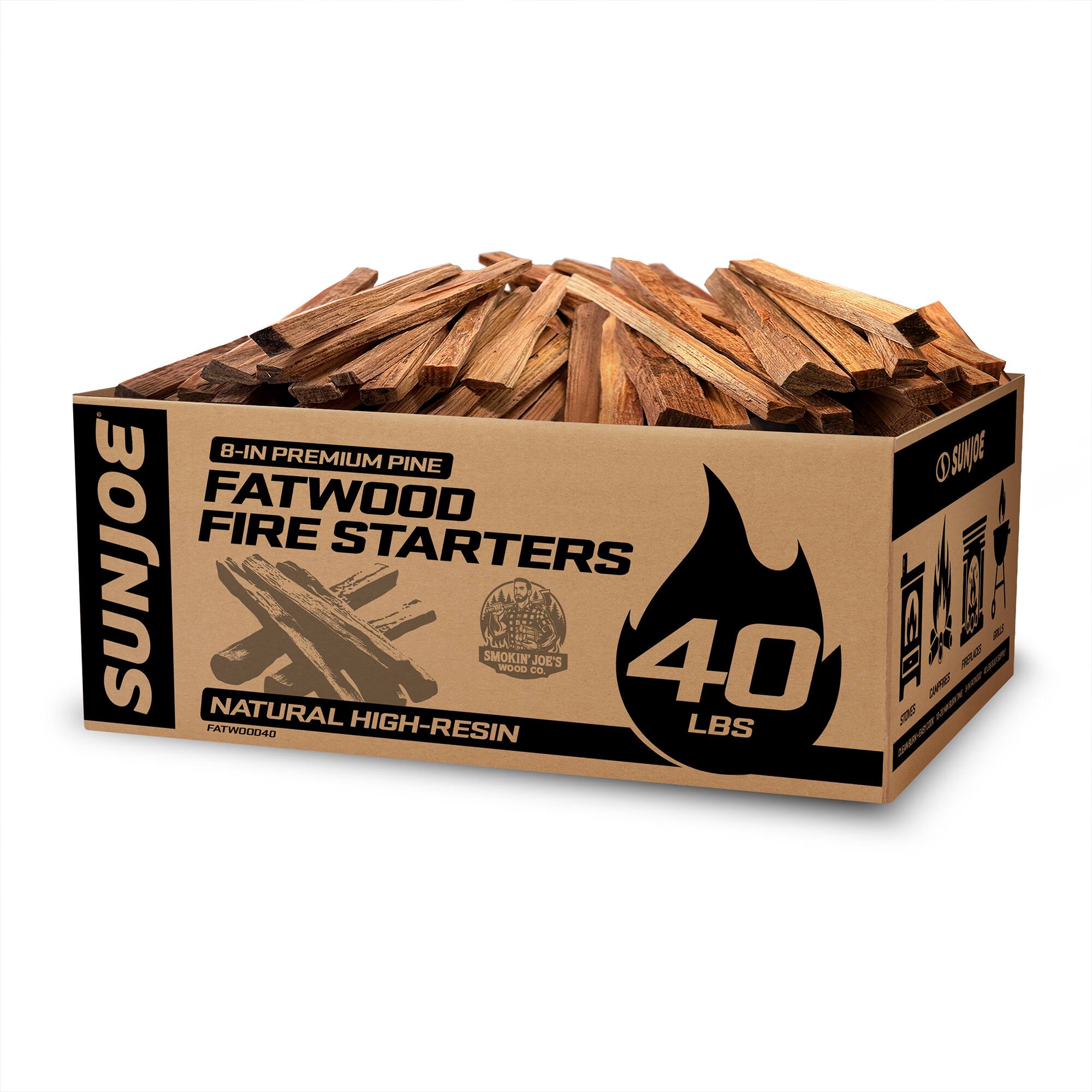 8-IN PREMIUM PINE FATWOOD FIRE STARTERS  
SUNJOE NATURAL HIGH-RESIN  
40 LBS  
SMOKIN JOE'S  
FATWOOD040