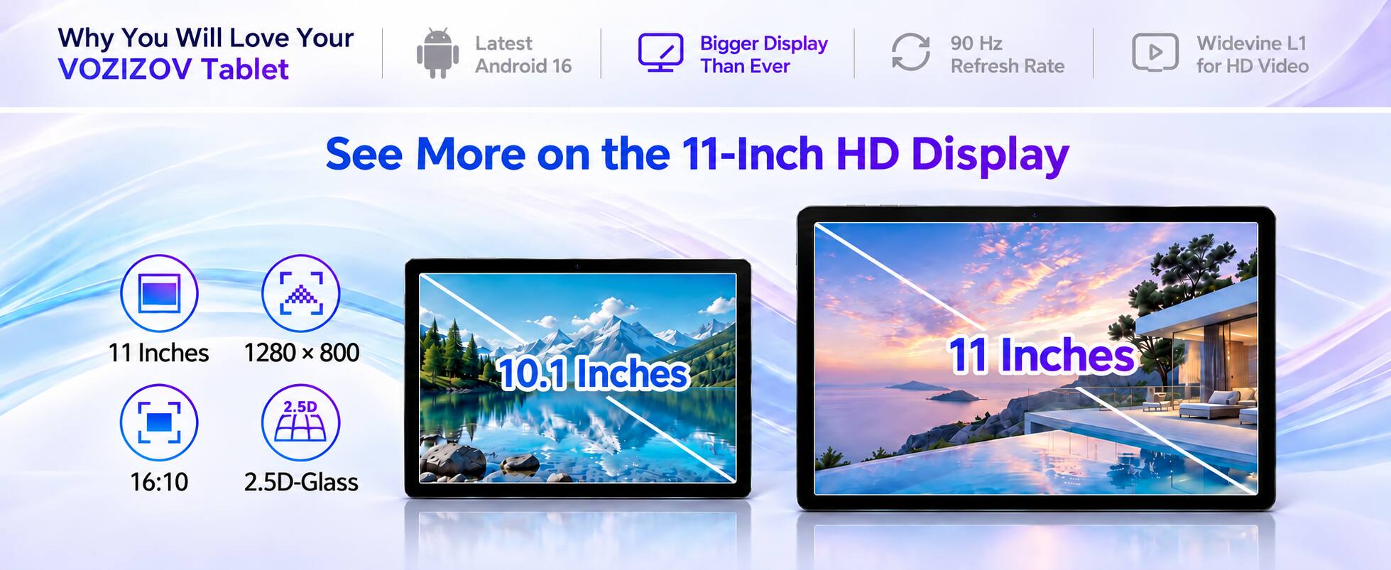 Why You Will Love Your VOZIZOV Tablet

Latest Android 16

Bigger Display Than Ever

90 Hz Refresh Rate

Widevine L1 for HD Video

See More on the 11-Inch HD Display

11 Inches 1280 x 800 2.5D

10.1 Inches

11 Inches

16:10

2.5D-Glass