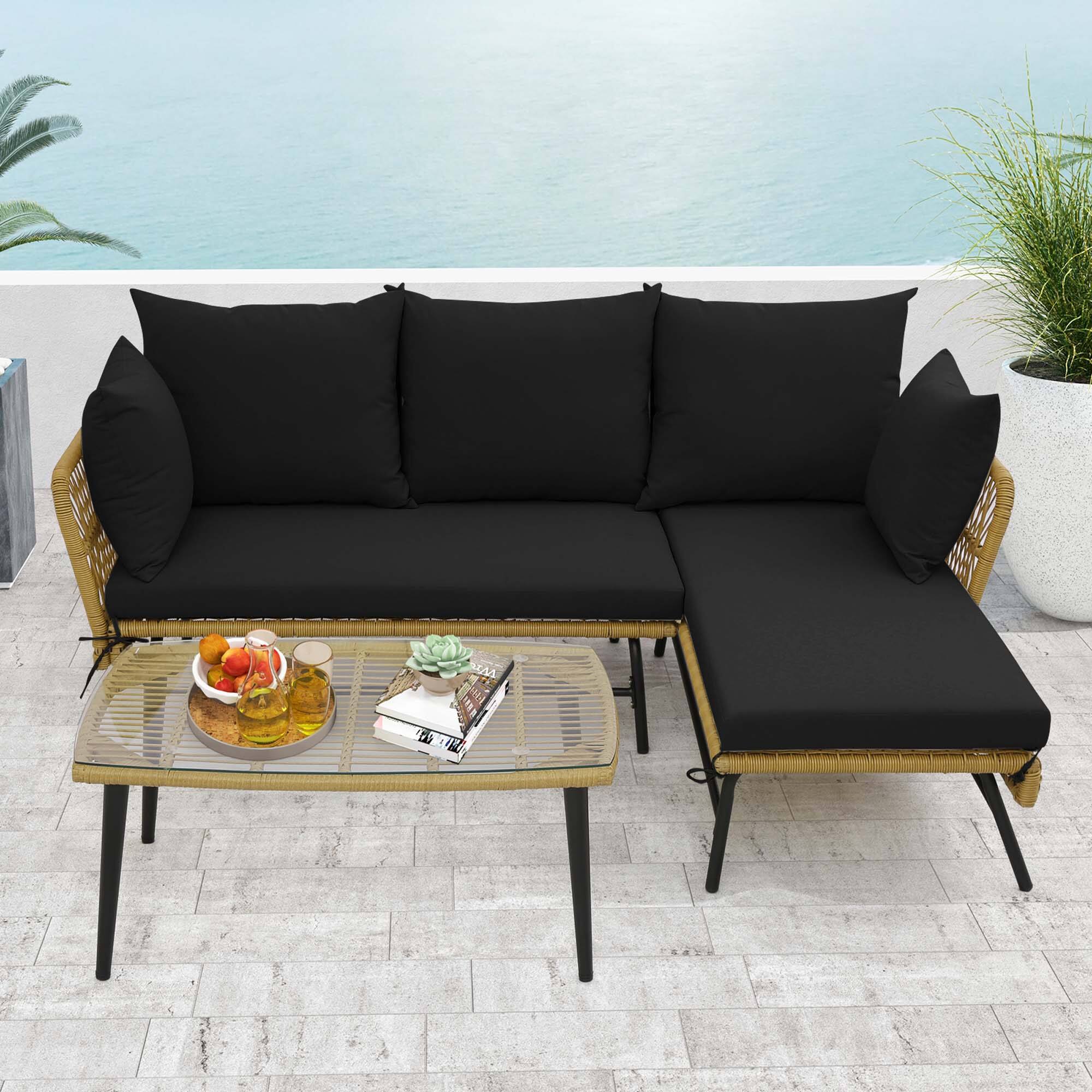 Alt View 3. Costway - Costway 3 PCS L-Shaped Patio Sofa Set Conversation Furniture with Cushions Deck Garden black - Khaki/Black.