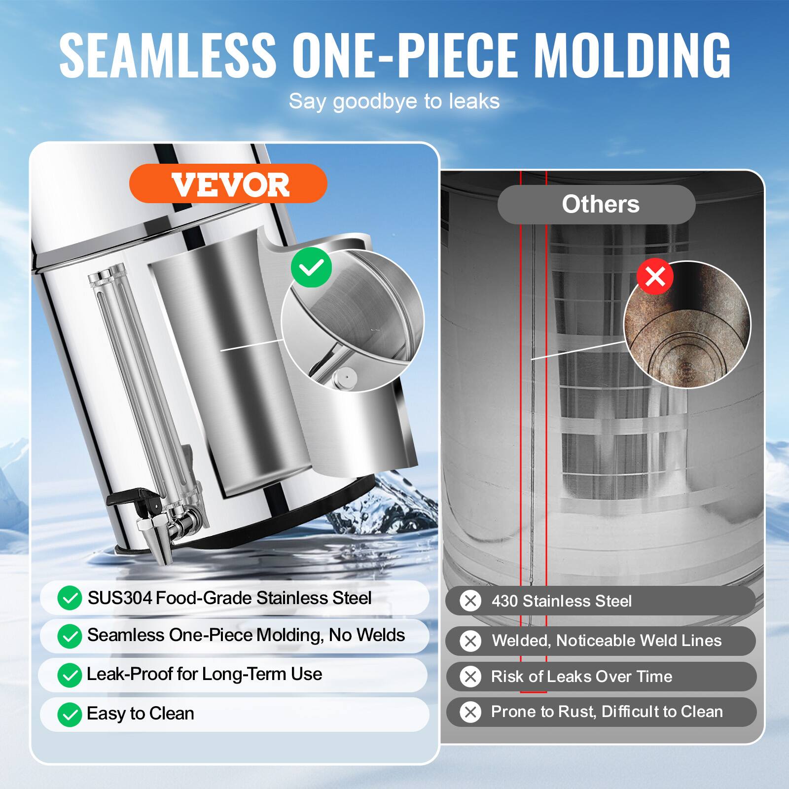 SEAMLESS ONE-PIECE MOLDING  
Say goodbye to leaks  

VEVOR  
- SUS304 Food-Grade Stainless Steel  
- Seamless One-Piece Molding, No Welds  
- Leak-Proof for Long-Term Use  
- Easy to Clean  

Others  
- 430 Stainless Steel  
- Welded, Noticeable Weld Lines  
- Risk of Leaks Over Time  
- Prone to Rust, Difficult to Clean