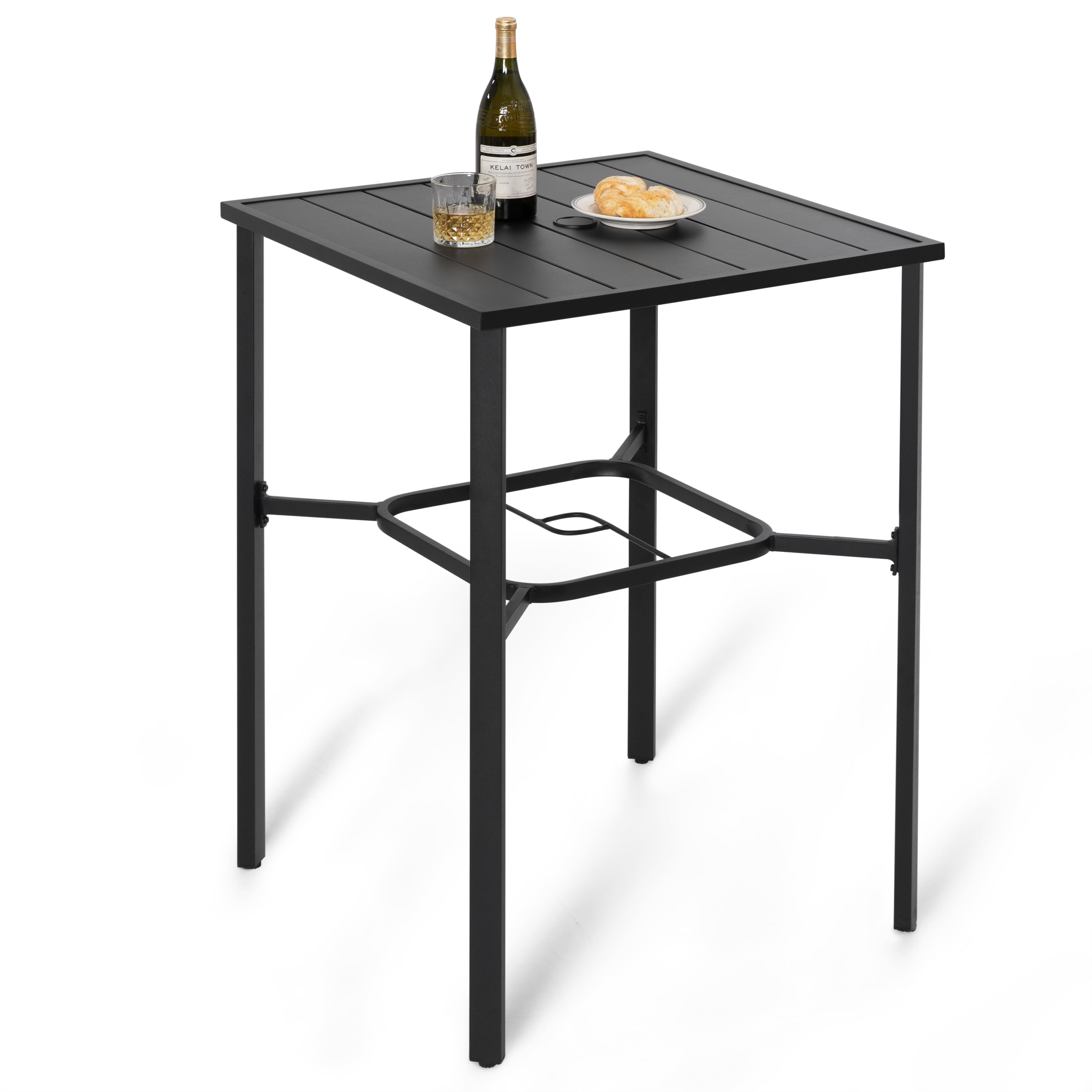 Nuu Garden - Outdoor 28 Inch Square Bar Table with Slatted Top and 1.7” Umbrella Hole - Black