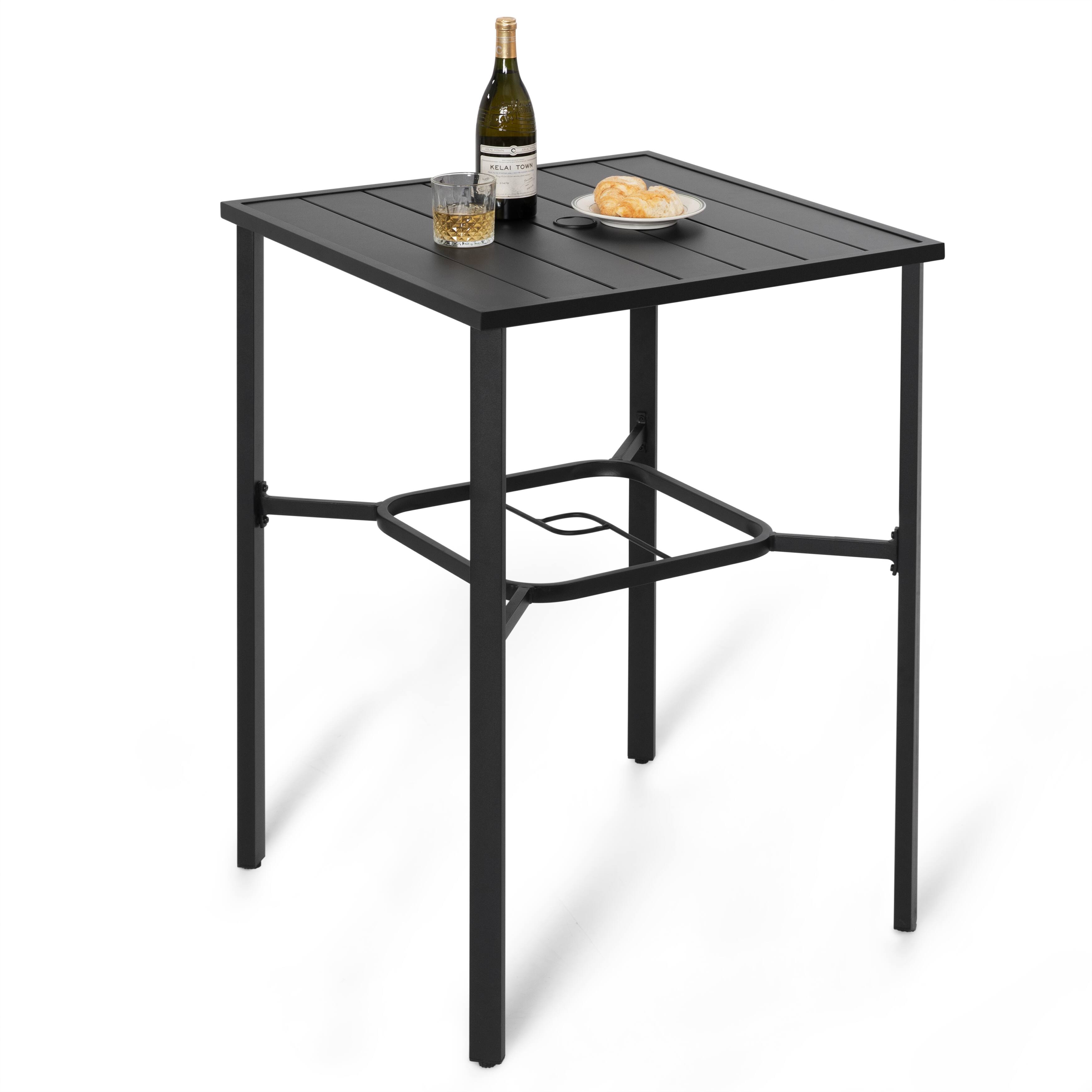 Front. Nuu Garden - Outdoor 28 Inch Square Bar Table with Slatted Top and 1.7” Umbrella Hole - Black.