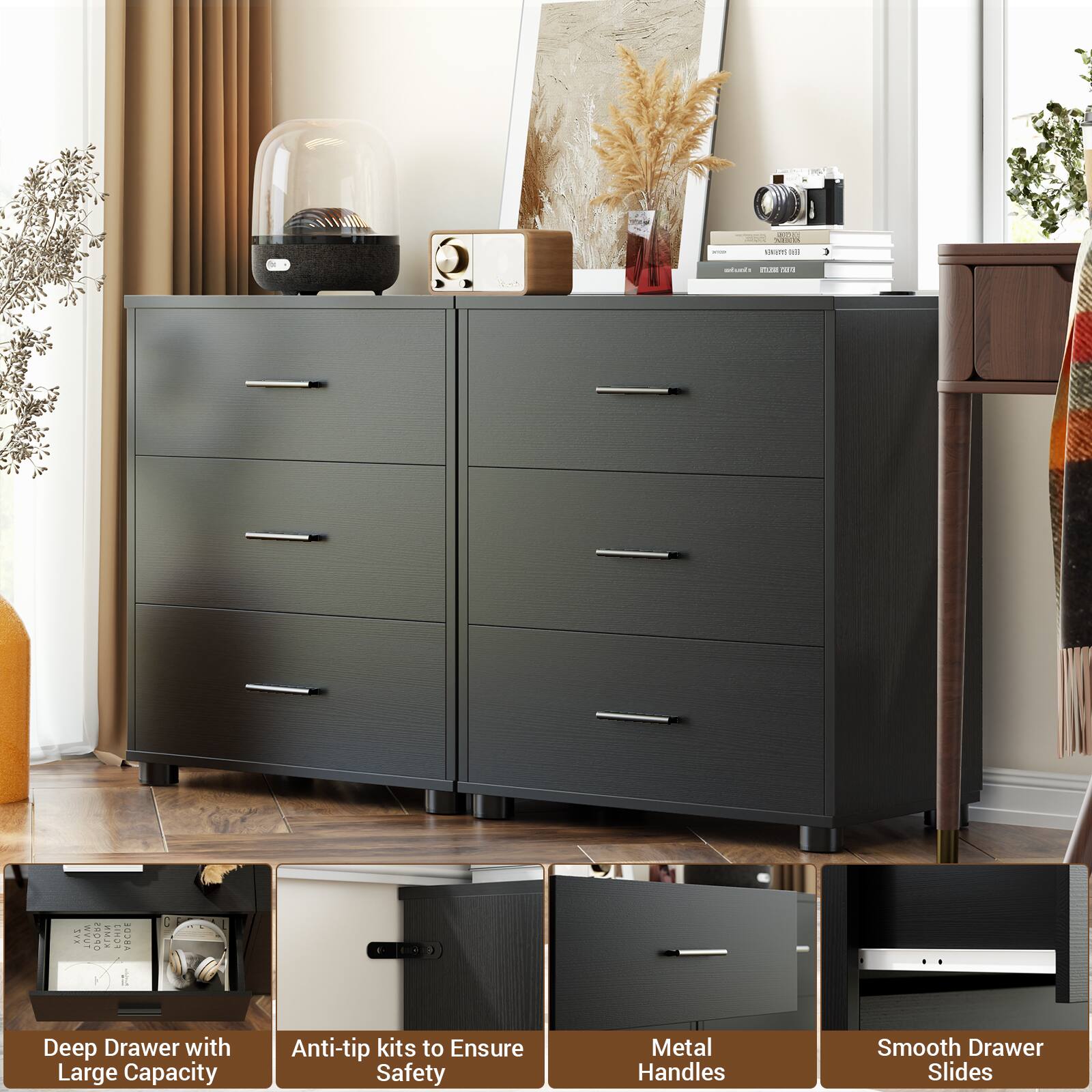 - Deep Drawer with Large Capacity
- Anti-tip kits to Ensure Safety
- Metal Handles
- Smooth Drawer Slides
