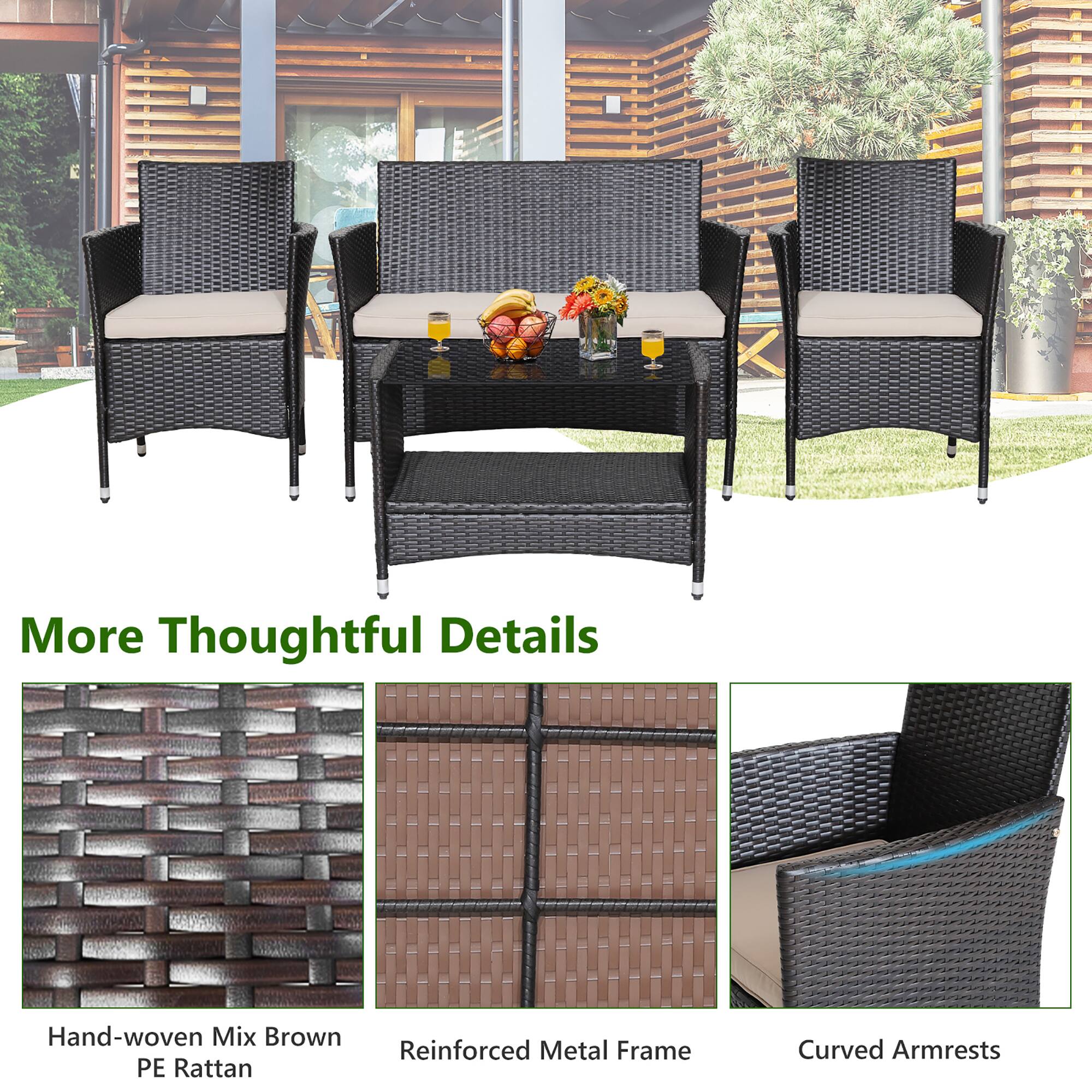 More Thoughtful Details, Hand-woven Mix Brown PE Rattan, Reinforced Metal Frame, Curved Armrests