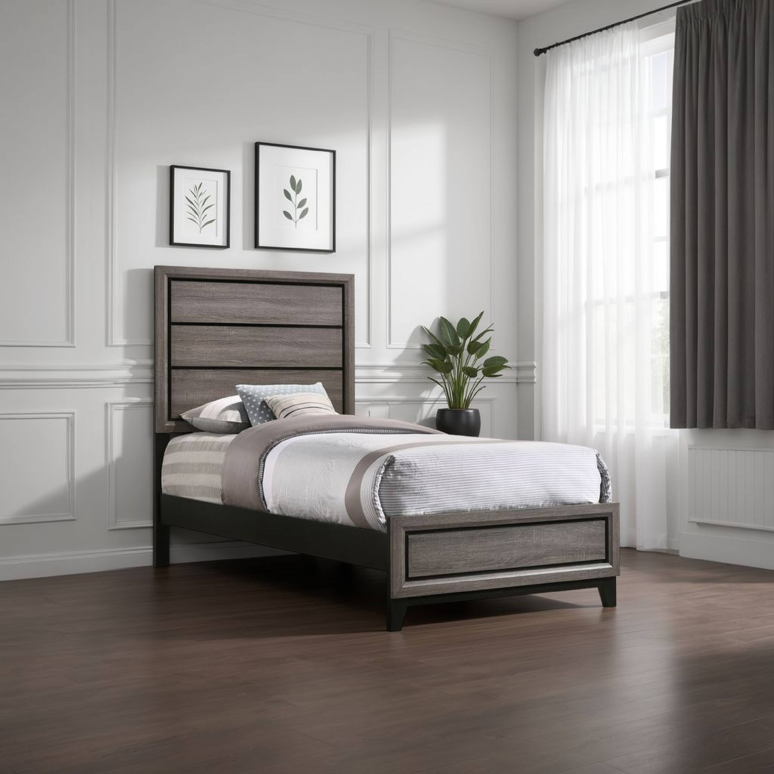 Alt View 5. Manhattan Lane - Mela Twin Size Panel Bed, Groove Design, Tapered Legs - Gray, Black.