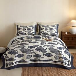 MarCielo - 3 Piece 100% Cotton Nautical Fish Print Quilt Bedspread Set - Coastal Blue