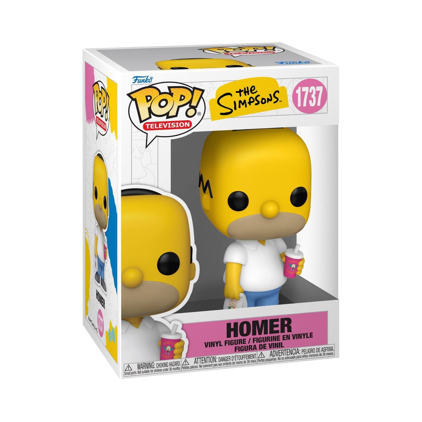Sure, here is the corrected and grouped text from the image:

---

**Funko POP! TELEVISION**

**The Simpsons**

**1737**

**HOMER**

**VINYL FIGURE / FIGURINE EN VINYLE / FIGURA DE VINIL / FIGURA DE VINIL**

**WARNING: CHOKING HAZARD - SMALL PARTS. NOT FOR CHILDREN UNDER 3 YEARS.**

**ADVERTENCIA: PEQUEÑOS PIEZAS. NO ES ADECUADO PARA NIÑOS MENORES DE 3 AÑOS.**

**ATTENTION: RISQUE DE SOUFFLEMENT - PETITES PIÈCES. NE CONVIENT PAS AUX ENFANTS DE MOINS DE 3 ANS.**

**DANGER: ÉTOUFFEMENT - PETITES PARTIES. Ne convient pas aux enfants de moins de 3 ans.**

---

This text is organized to reflect the information on the packaging, including the brand, series, character, and safety warnings.