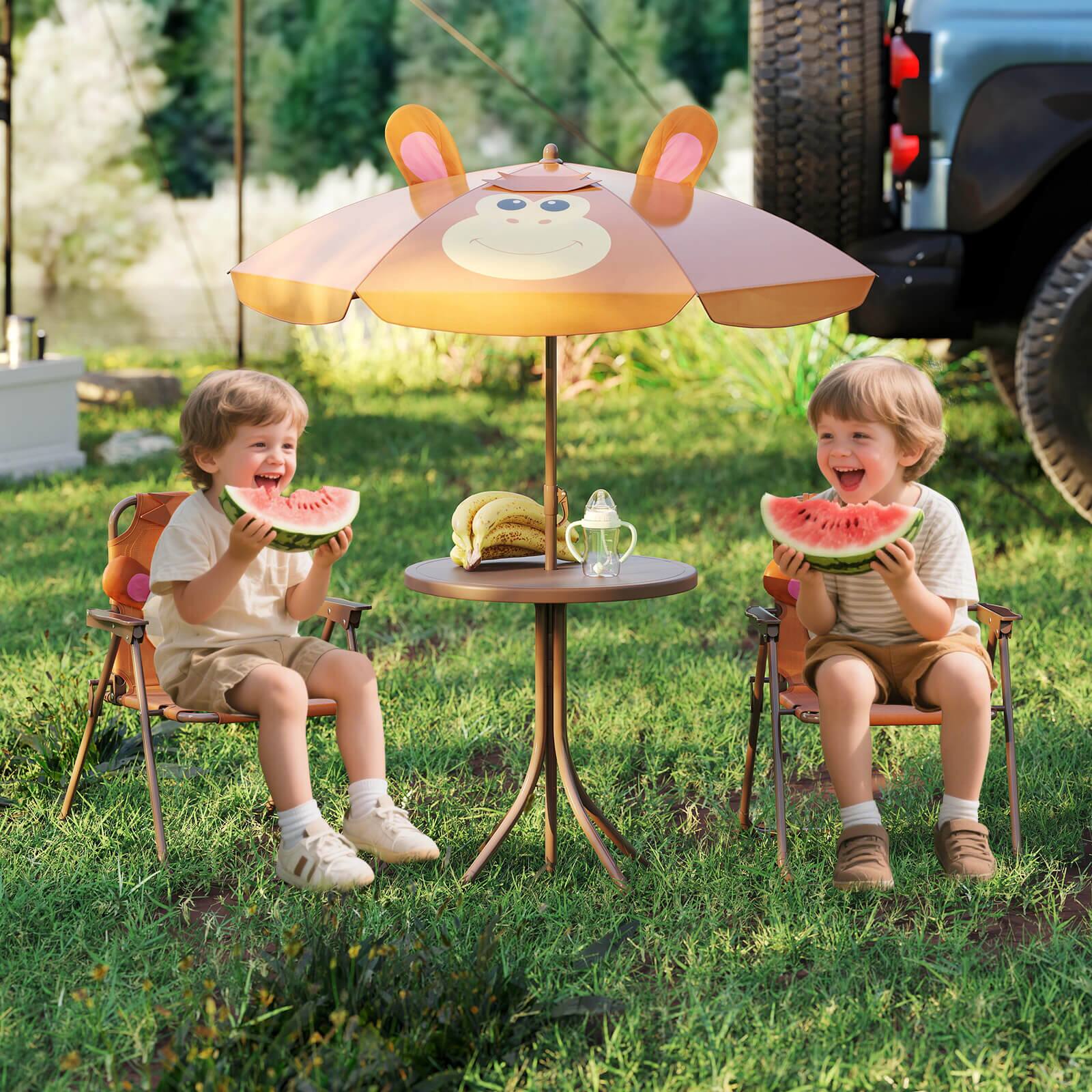 Alt View 4. Costway - Costway Kids Picnic Table & Chair Set with 2 Folding Chairs & Height Adjustable Umbrella - Brown.