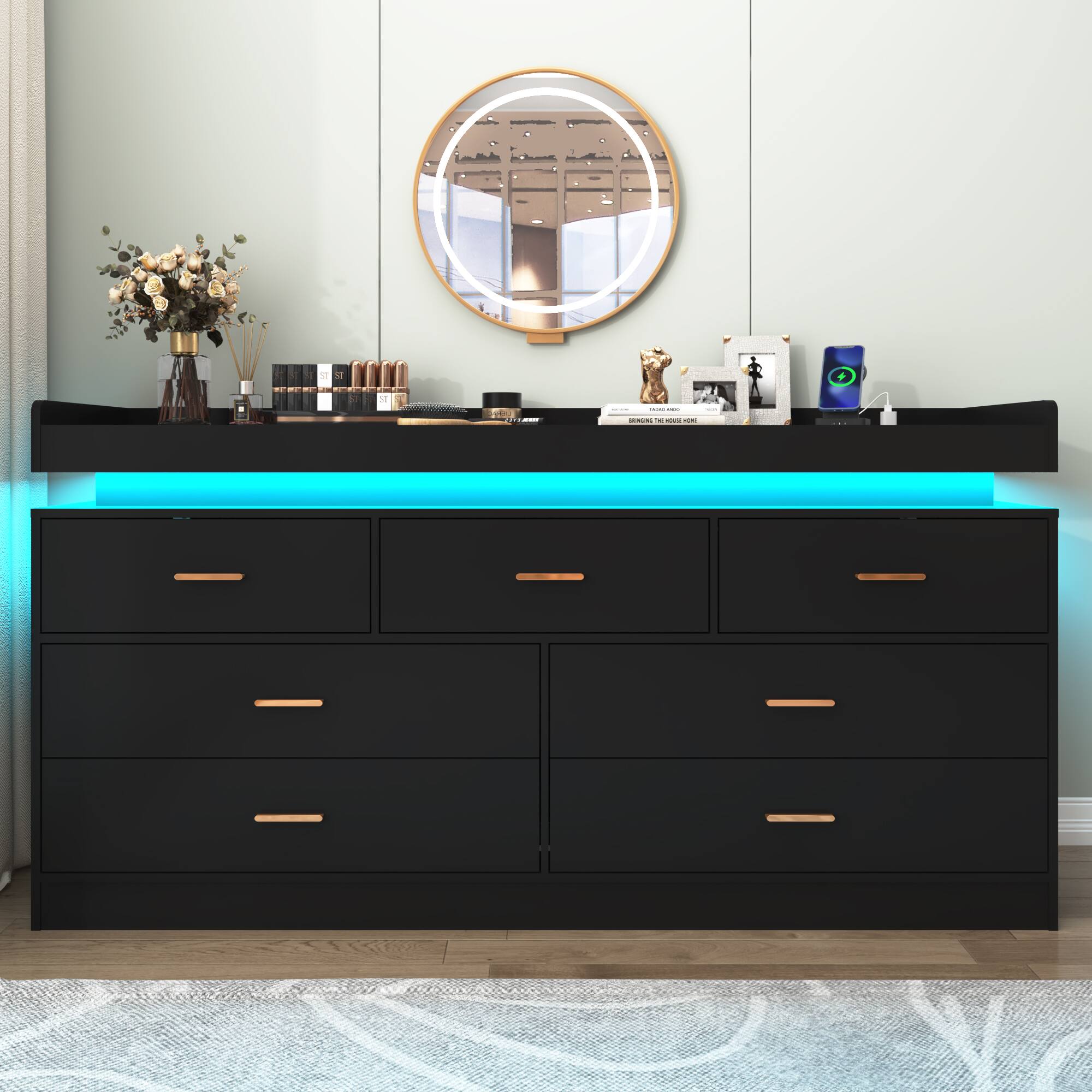 Angle. Espafurni - 7 - Drawer Dresser with LED Light & Charging Station - Modern Chest for Bedroom, Living Room, Entryway & Hallway - Black.