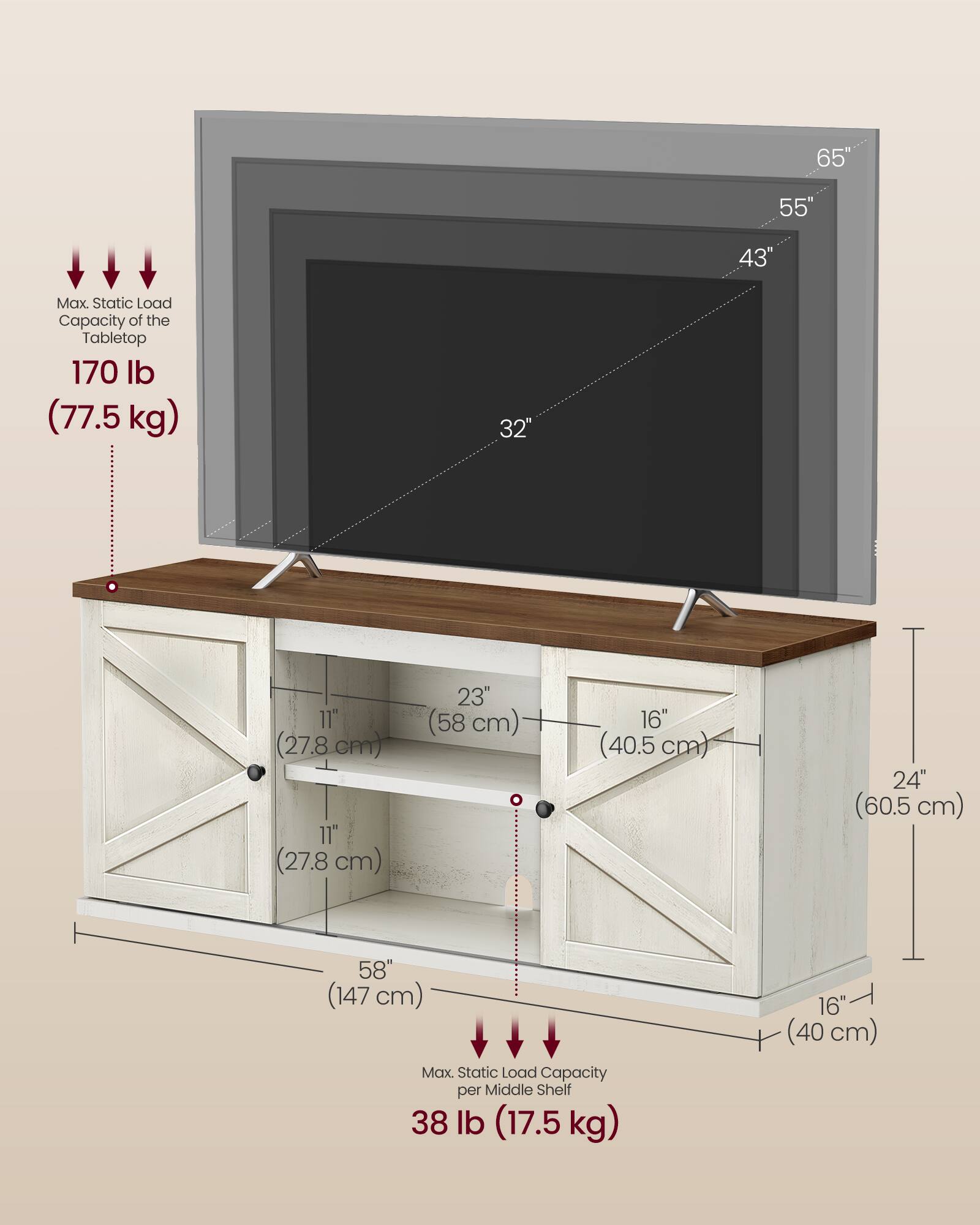 65"  
55"  
43"  
32"  
11" (27.8 cm)  
11" (27.8 cm)  
23" (58 cm)  
16" (40.5 cm)  
24" (60.5 cm)  
58" (147 cm)  

Max. Static Load Capacity of the Tabletop: 170 lb (77.5 kg)  
Max. Static Load Capacity per Middle Shelf: 38 lb (17.5 kg)