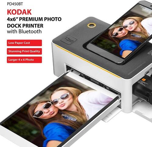 PD450BT  
KODAK  
4x6" PREMIUM PHOTO DOCK PRINTER with Bluetooth  

- Low Paper Cost  
- Stunning Print Quality  
- Larger 4 x 6 Photo
