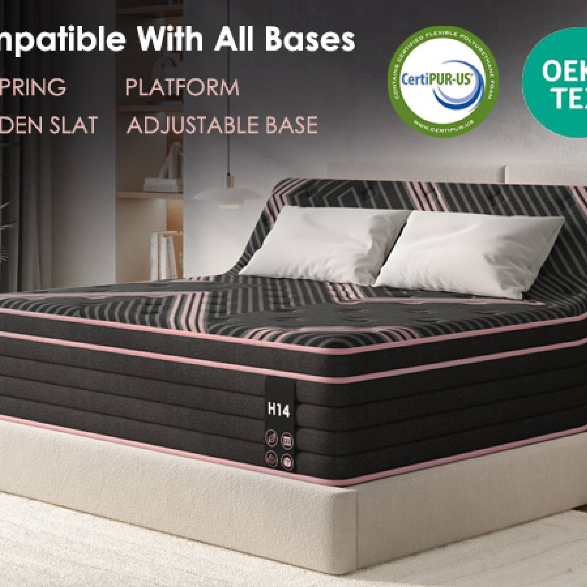 FLCUBLE npatible With All Bases CERTIFIED POLYURETHANE CONTAINS CertiPUR-US PRING PLATFORM NYDA DEN SLAT ADJUSTABLE BASE Www.CERTIPUR.US O TE H14

Compatible With All Bases
SPRING PLATFORM
DENSE SLAT ADJUSTABLE BASE

CertiPUR-US
OEKOTEX