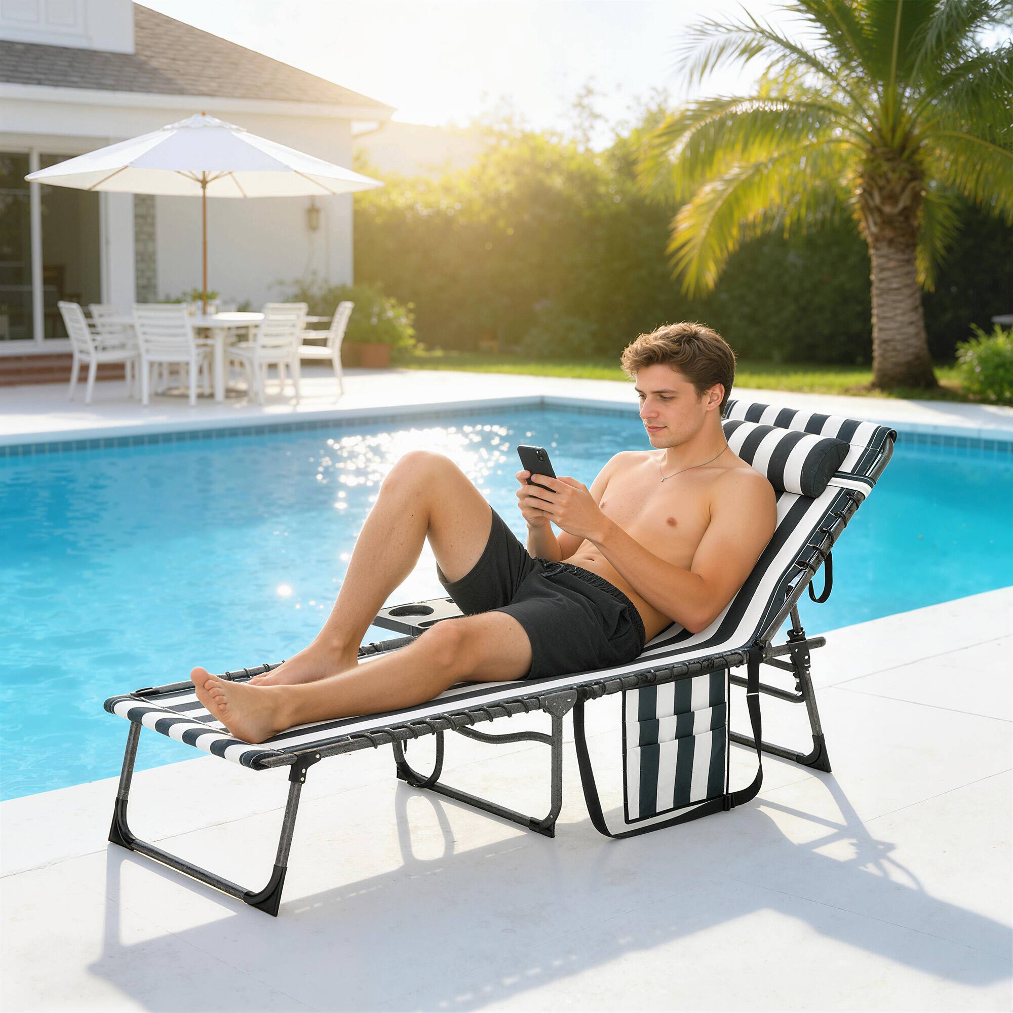 Alt View 1. Outsunny - Outdoor Chaise Lounge Chair Tanning Chair with 5-Level Adjustable Back, Side Table, Pillow, Pocket - Blue and White.
