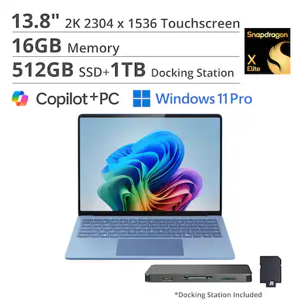 13.8" 2K 2304 x 1536 Touchscreen
Snapdragon
16GB Memory
512GB SSD+1TB
Docking Station
Copilot+PC
Windows 11 Pro
*Docking Station Included