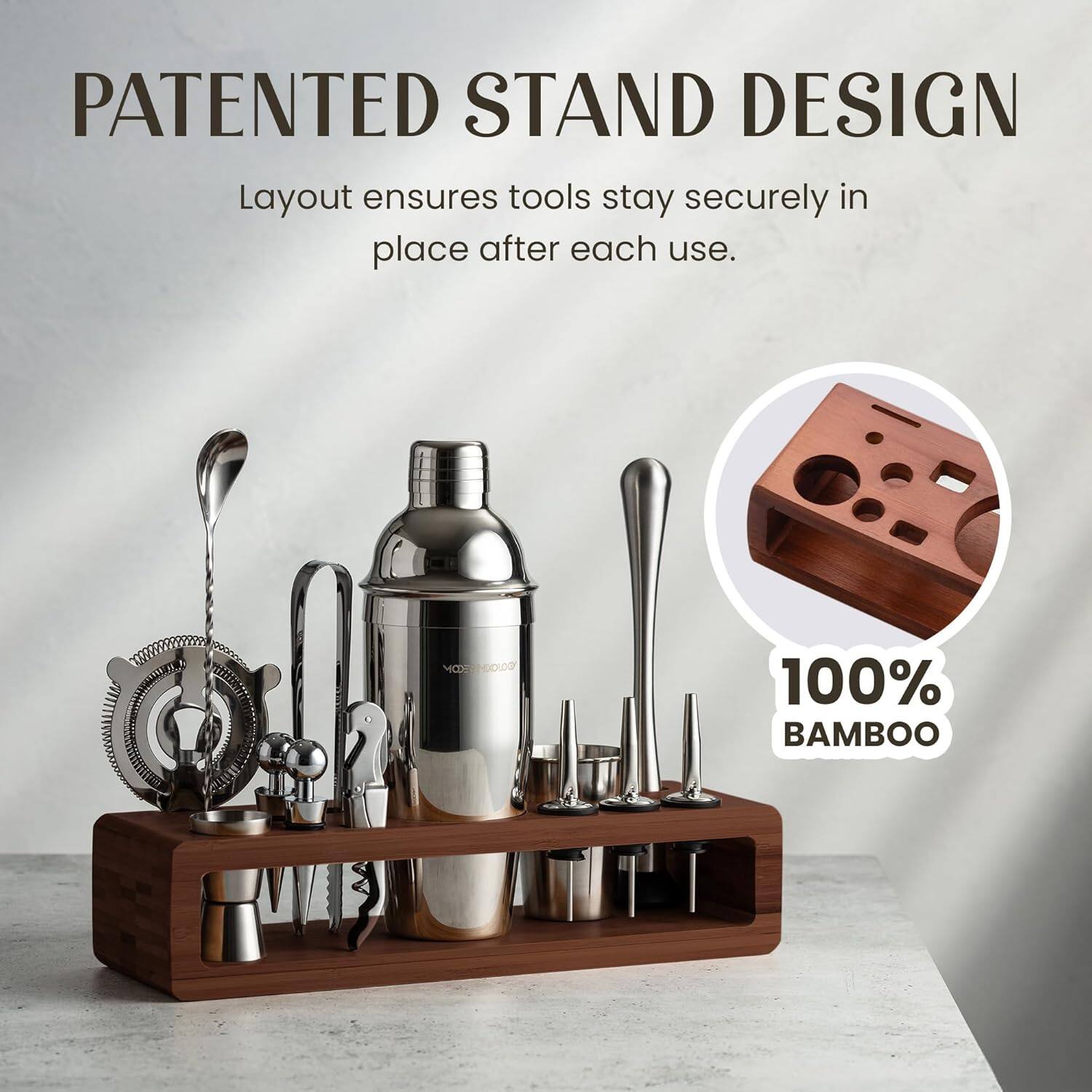 PATENTED STAND DESIGN  
Layout ensures tools stay securely in place after each use.  

100% BAMBOO