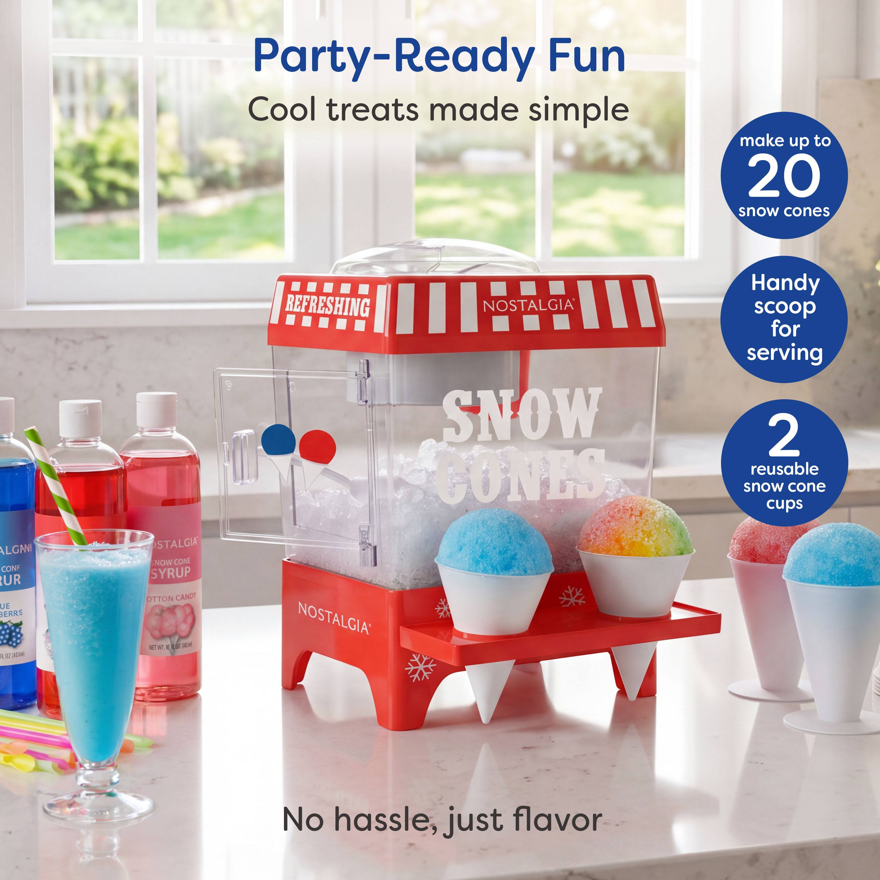 Party-Ready Fun  
Cool treats made simple  

make up to 20 snow cones  

Handy scoop for serving  

2 reusable snow cone cups  

No hassle, just flavor