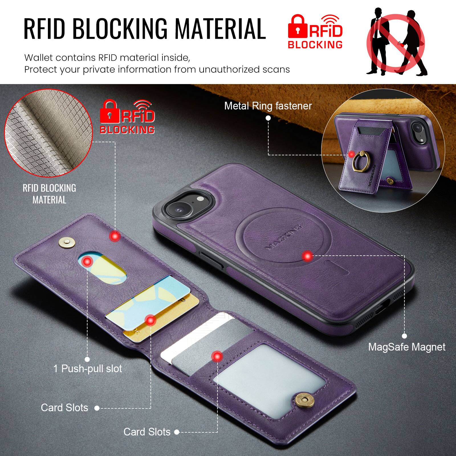 RFID BLOCKING MATERIAL

Wallet contains RFID material inside, Protect your private information from unauthorized scans

RFID BLOCKING MATERIAL

Metal Ring fastener

1 Push-pull slot

Card Slots

Card Slots

MagSafe Magnet