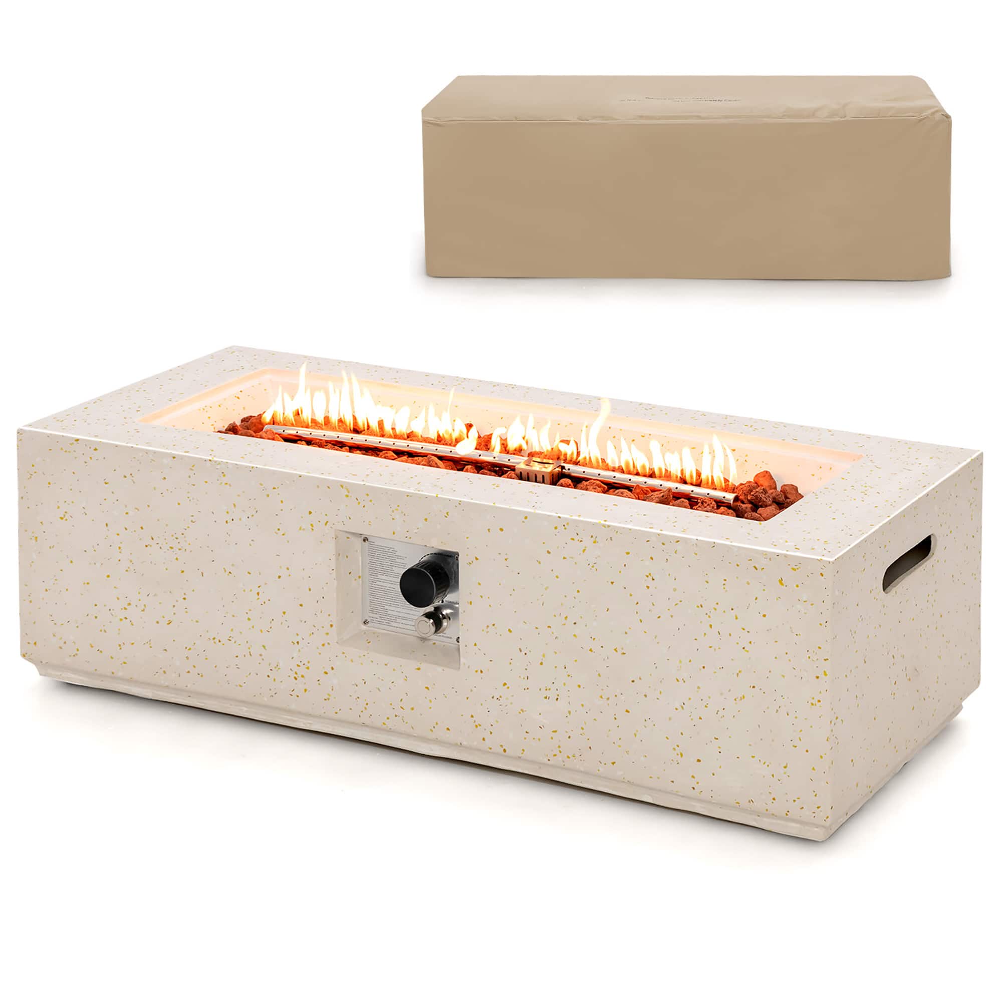 Front. Costway - Costway 42" Terrazzo Fire Pit Table 50,000 BTU Rectangle Propane Fire Pit with PVC Cover - White.