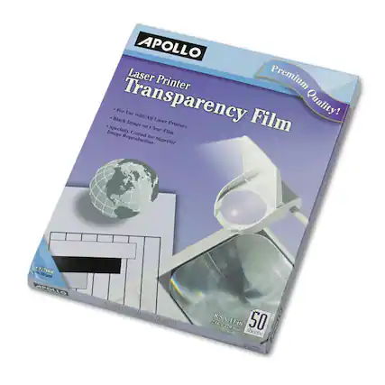 APOLLO Laser Printer Transparency Film Premium Quality!
For Use with All Laser Printers
Black Image on Clear Film
Specially Coated for Superior Image Reproduction
CG7060 non-Striped
50 sheets
8.5 x 11 in (216 x 279 mm)