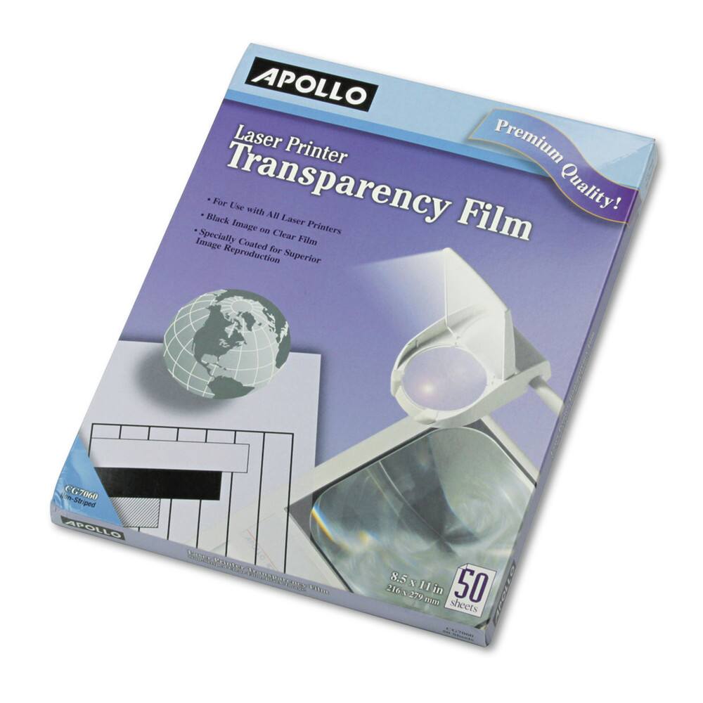 APOLLO Laser Printer Transparency Film Premium Quality!  
For Use with All Laser Printers  
Black Image on Clear Film  
Specially Coated for Superior Image Reproduction  
CG7060 non-Striped  
50 sheets  
8.5 x 11 in (216 x 279 mm)