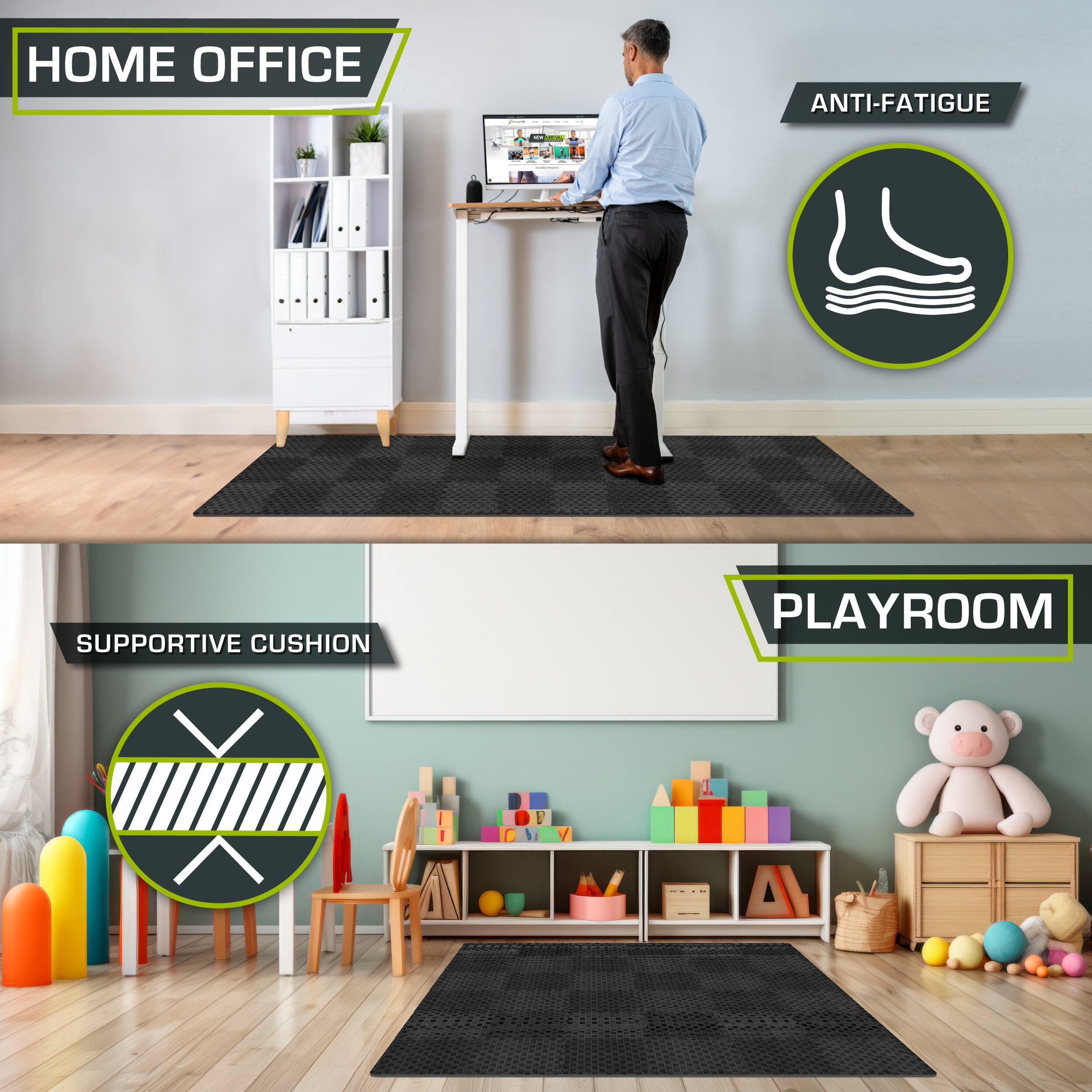 The text in the image can be grouped and corrected as follows:

1. **Home Office**
2. **Anti-Fatigue**
3. **Supportive Cushion**
4. **Playroom**