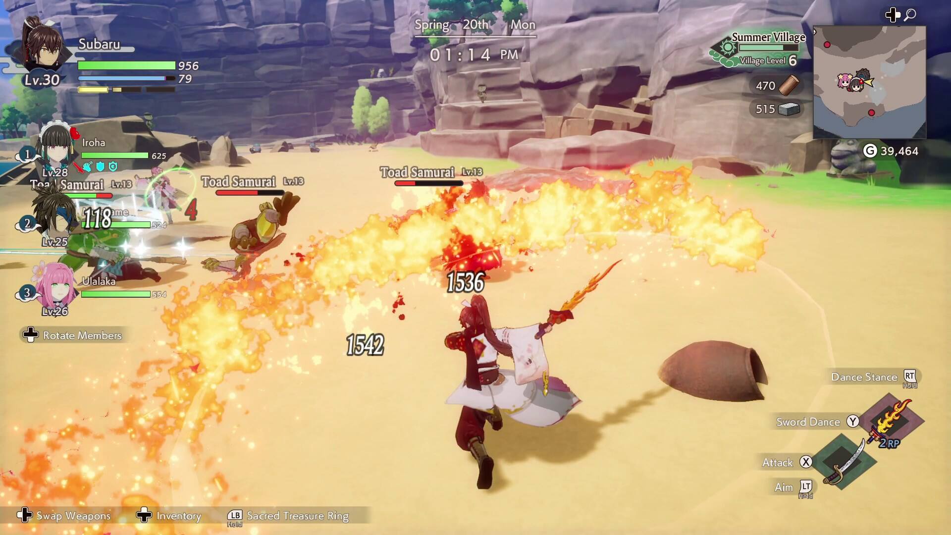 Subaru Lv.30 956 79  
Spring 20th Mon 01:14 PM  
Summer Village Village Level 6 470 + 515  
Iroha Lv.28  
Toa Samurai Lv.13 118  
Toad Samurai Lv.13 4  
Toad Samurai Lv.13  
Ulalaka Lv.26  
Rotate Members  
39,464  
Sacred Treasure Ring  
Hold Aim  
0-1d