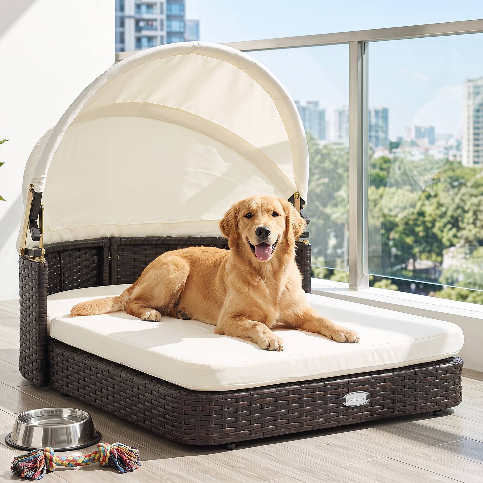 Alt View 3. Costway - Costway Wicker Dog House Outdoor with Adjustable Canopy 2 Detachable Soft Cushions for Yard - Mixed Brown+Off-white.