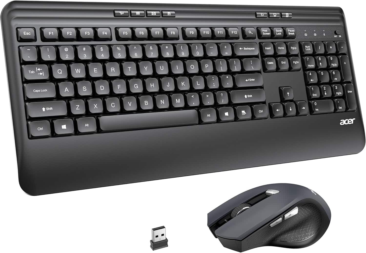 Acer - Wireless Keyboard and Mouse Combo, 2.4G Full Sized Erogomic Keyboard Mouse Cordless, Palm & Wrist Rest - Black
