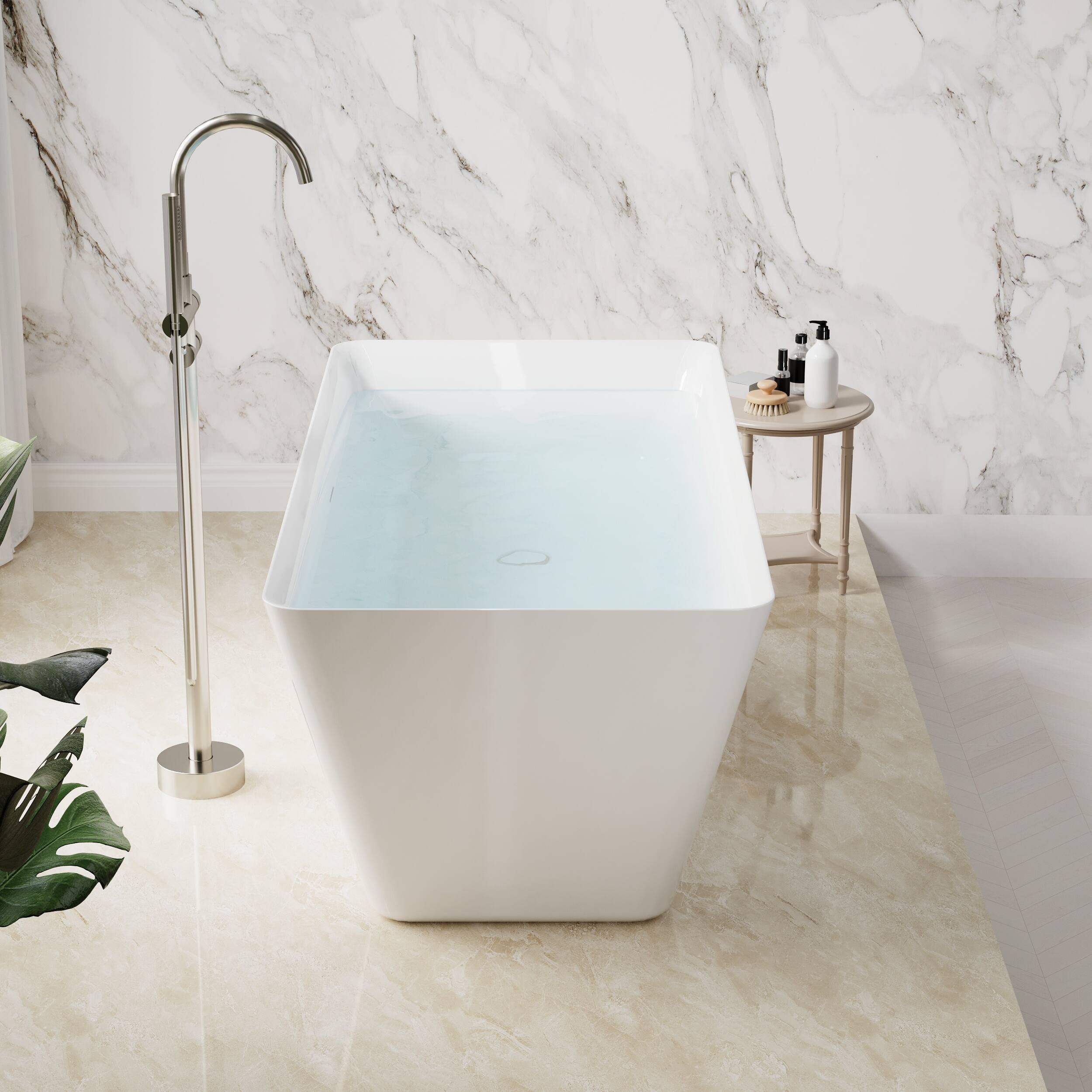Left. WELLFOR - Square 60 in. Acrylic Flatbottom Double Ended Freestanding Soaking  Bathtub with Drain and Overflow - White.