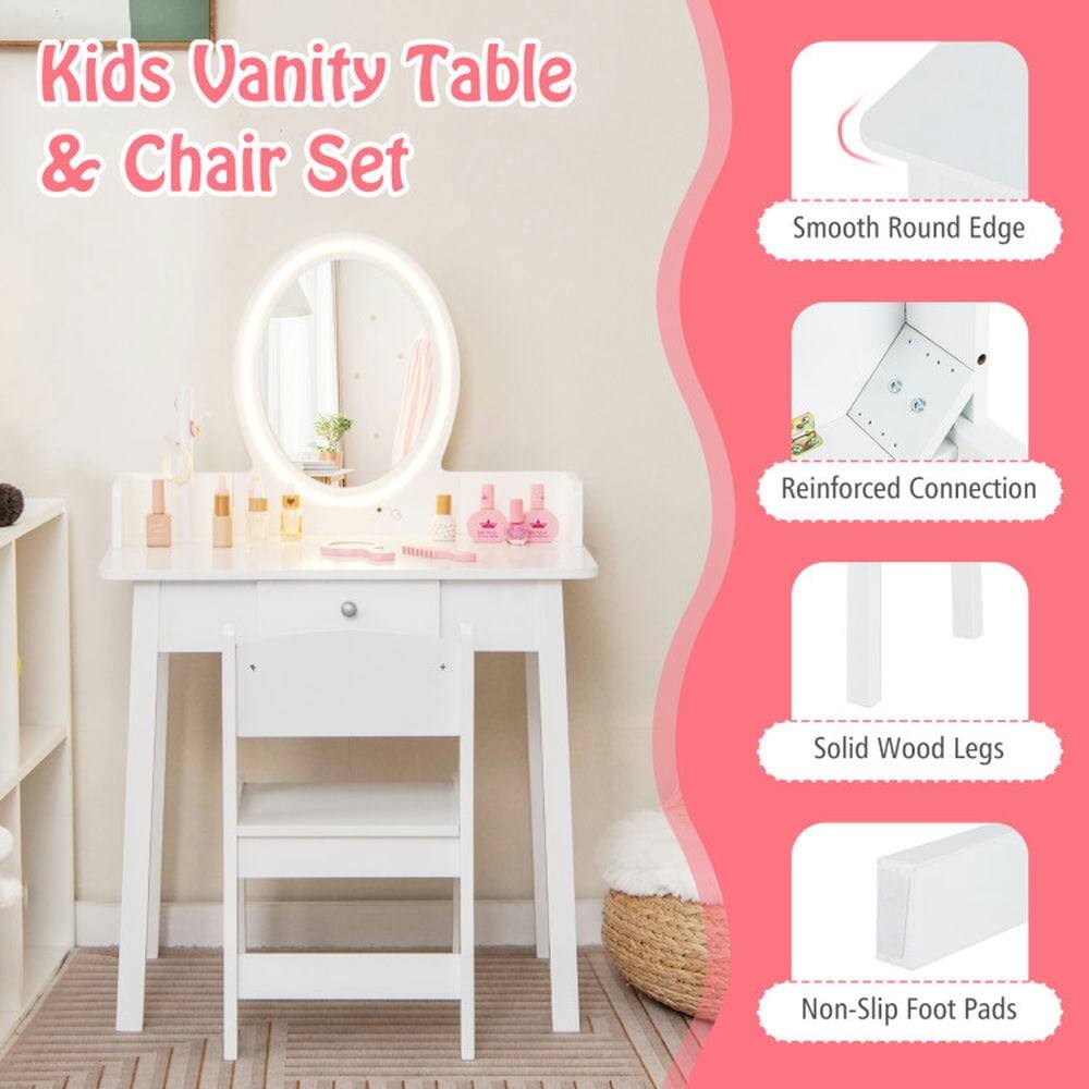 Kids Vanity Table & Chair Set

- Smooth Round Edge
- Reinforced Connection
- Solid Wood Legs
- Non-Slip Foot Pads