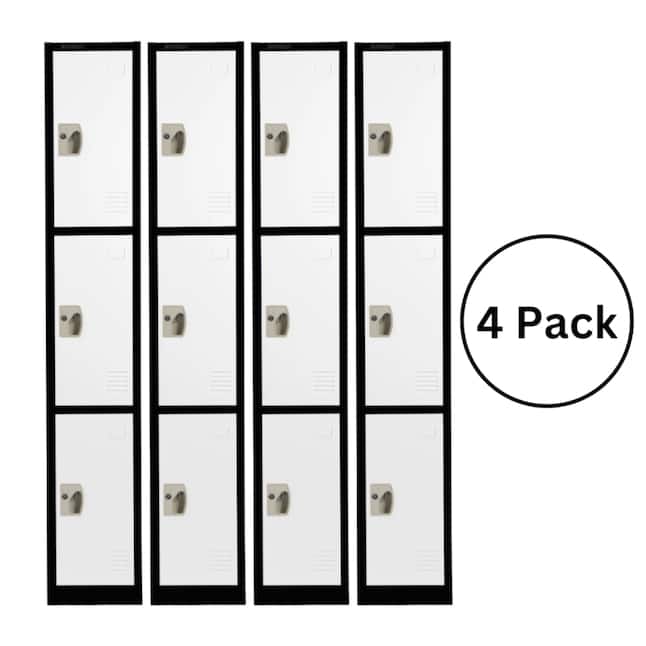 AdirOffice - Storage Locker 629-Series 72" H 3-Tier Steel Compartment Key Lock Locker with Key Lock, 4/Pack - Black Bidy/White Doors